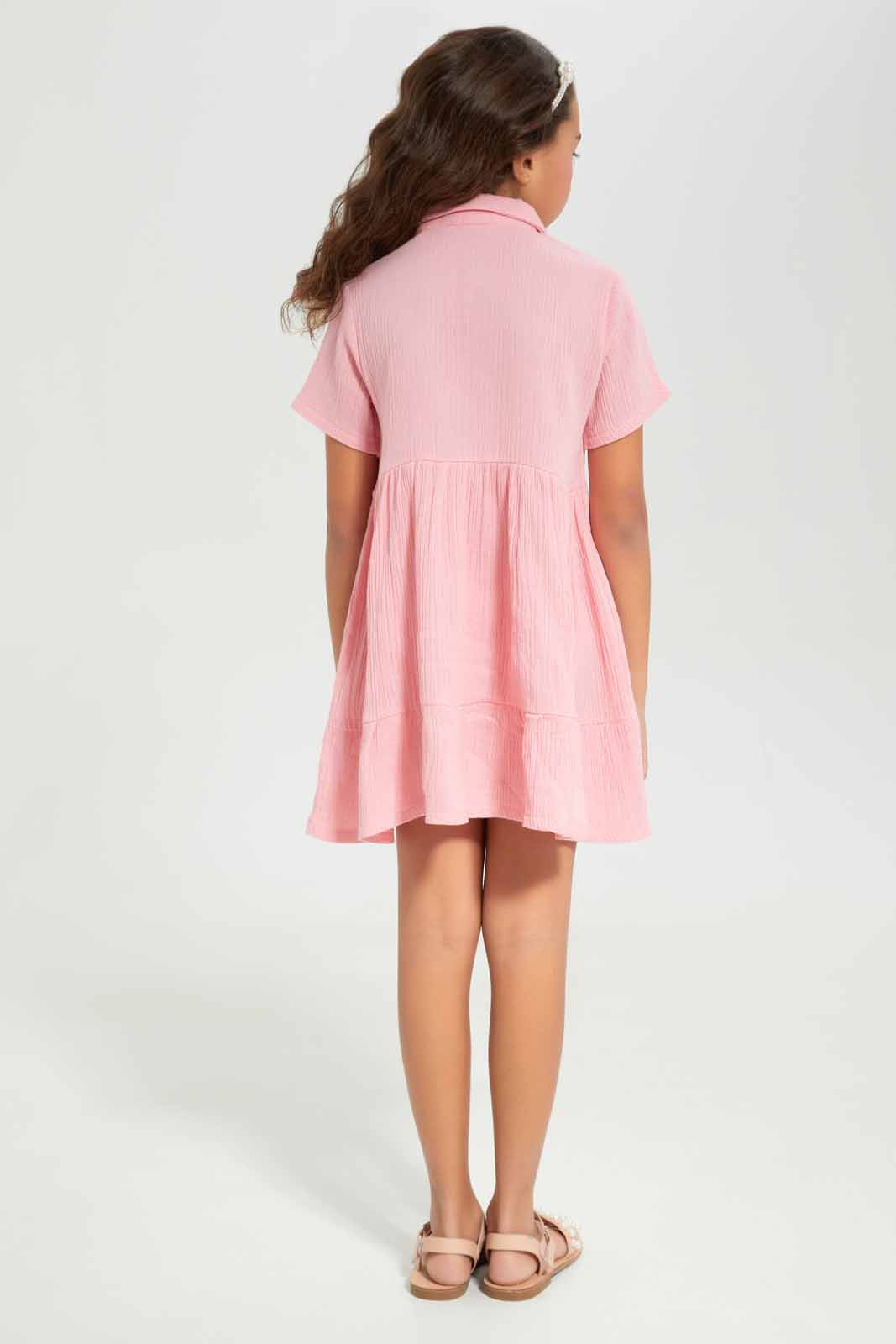 Redtag-Girls-Pink-Cotton-Viscose-Crinkle-Button-Through--Light-Pink-Category:Dresses,-Colour:Apricot,-Deals:New-In,-Dept:Girls,-Filter:Girls-(2-to-8-Yrs),-GIR-Dresses,-New-In-GIR-APL,-Non-Sale,-S23A,-Section:Girls-(0-to-14Yrs)-Girls-2 to 8 Years