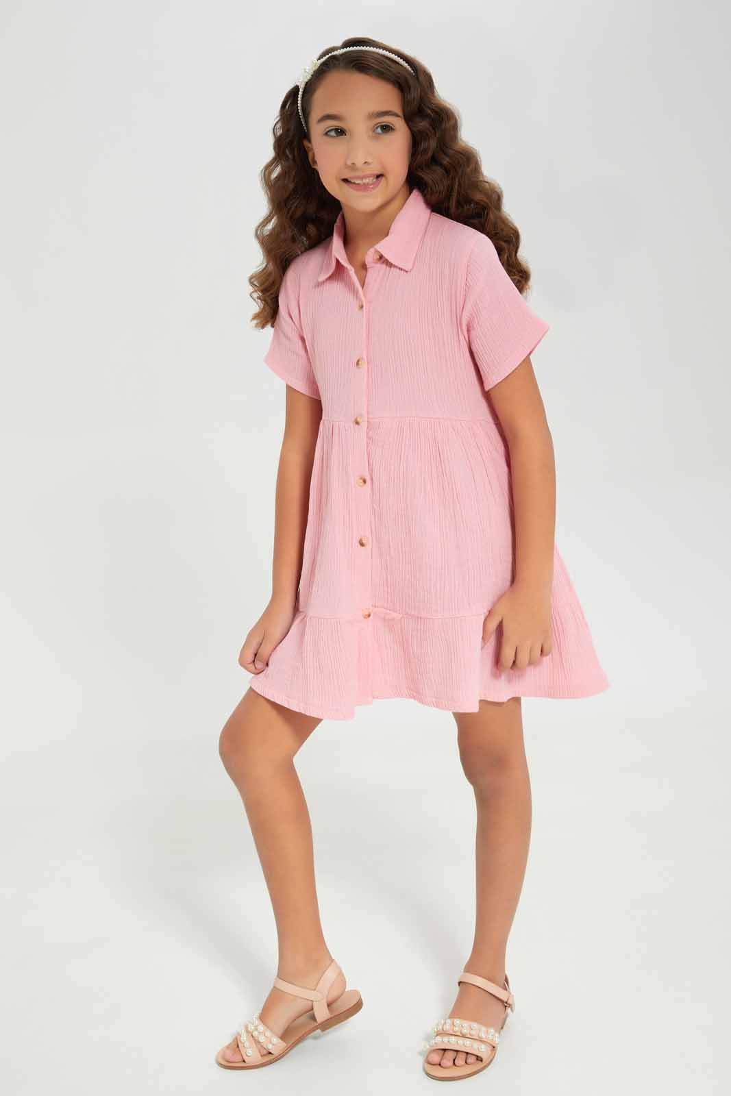 Redtag-Girls-Pink-Cotton-Viscose-Crinkle-Button-Through--Light-Pink-Category:Dresses,-Colour:Apricot,-Deals:New-In,-Dept:Girls,-Filter:Girls-(2-to-8-Yrs),-GIR-Dresses,-New-In-GIR-APL,-Non-Sale,-S23A,-Section:Girls-(0-to-14Yrs)-Girls-2 to 8 Years