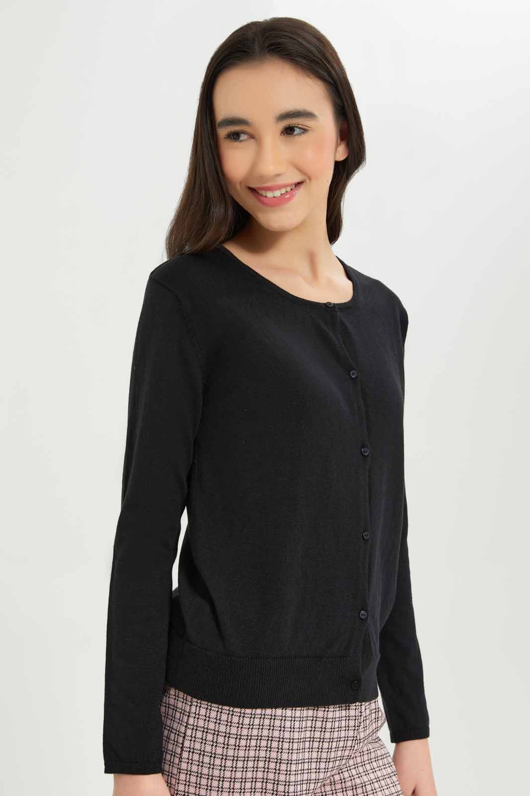 Redtag-Girls-Black-Cardigan-Category:Cardigans,-Colour:Black,-Deals:New-In,-Dept:Girls,-Filter:Senior-Girls-(8-to-14-Yrs),-GSR-Cardigans,-New-In-GSR-APL,-Non-Sale,-S23A,-Section:Girls-(0-to-14Yrs)-Senior-Girls-