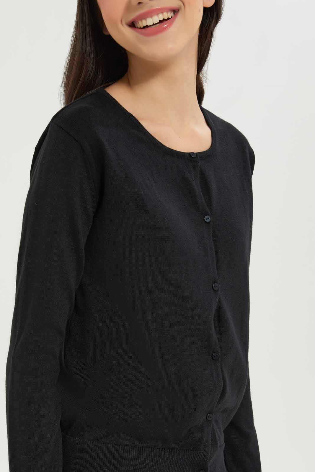 Redtag-Girls-Black-Cardigan-Category:Cardigans,-Colour:Black,-Deals:New-In,-Dept:Girls,-Filter:Senior-Girls-(8-to-14-Yrs),-GSR-Cardigans,-New-In-GSR-APL,-Non-Sale,-S23A,-Section:Girls-(0-to-14Yrs)-Senior-Girls-
