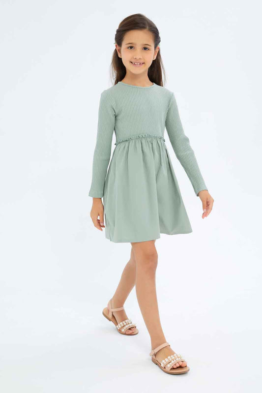 Redtag-Girls-Sage-Ls-Combo-Knit-Dress-Category:Dresses,-Colour:Green,-Deals:New-In,-Dept:Girls,-Filter:Girls-(2-to-8-Yrs),-GIR-Dresses,-New-In-GIR-APL,-Non-Sale,-S23A,-Section:Girls-(0-to-14Yrs)-Girls-2 to 8 Years