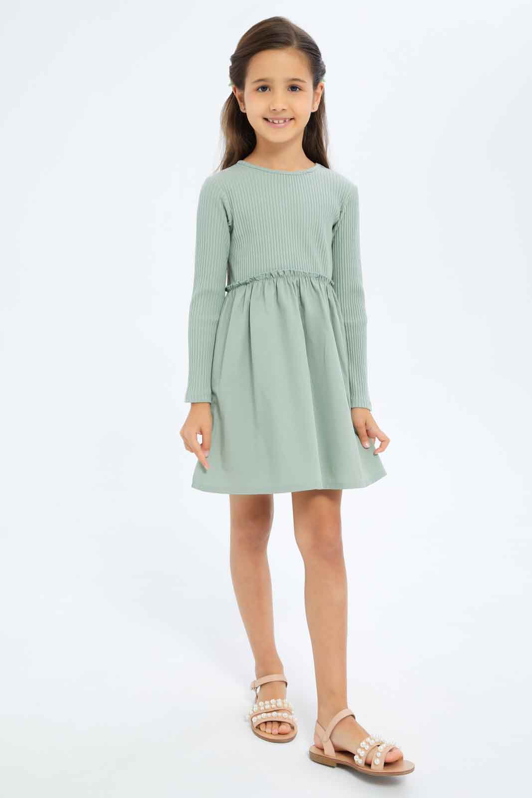 Redtag-Girls-Sage-Ls-Combo-Knit-Dress-Category:Dresses,-Colour:Green,-Deals:New-In,-Dept:Girls,-Filter:Girls-(2-to-8-Yrs),-GIR-Dresses,-New-In-GIR-APL,-Non-Sale,-S23A,-Section:Girls-(0-to-14Yrs)-Girls-2 to 8 Years