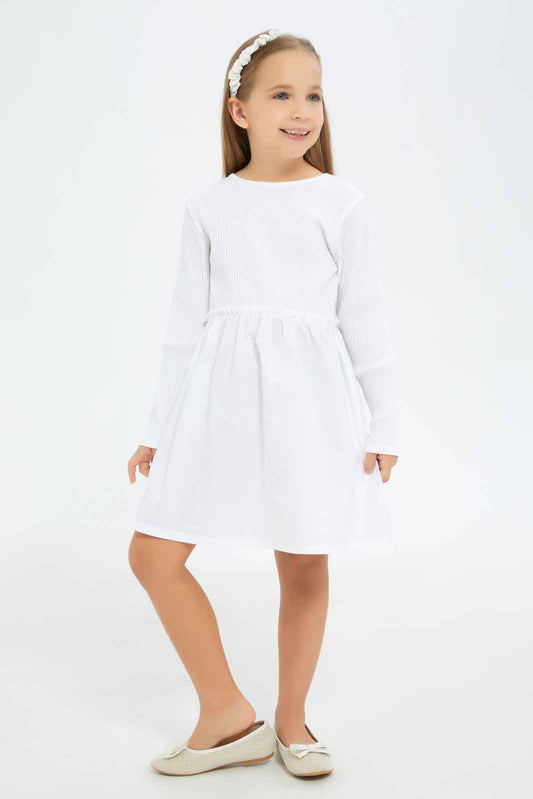 Redtag-Girls-White-Ls-Combo-Knit-Dress-Category:Dresses,-Colour:Green,-Deals:New-In,-Dept:Girls,-Filter:Girls-(2-to-8-Yrs),-GIR-Dresses,-New-In-GIR-APL,-Non-Sale,-S23A,-Section:Girls-(0-to-14Yrs)-Girls-2 to 8 Years