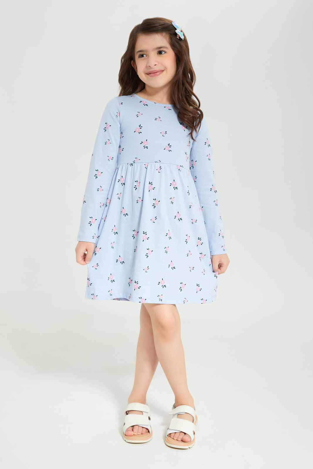 Redtag-Girls-Blue-Opp-Sj-Dress-Ls--Blue-Floral-Check-Category:Dresses,-Colour:Blue,-Deals:New-In,-Dept:Girls,-Filter:Girls-(2-to-8-Yrs),-GIR-Dresses,-New-In-GIR-APL,-Non-Sale,-S23A,-Section:Girls-(0-to-14Yrs)-Girls-