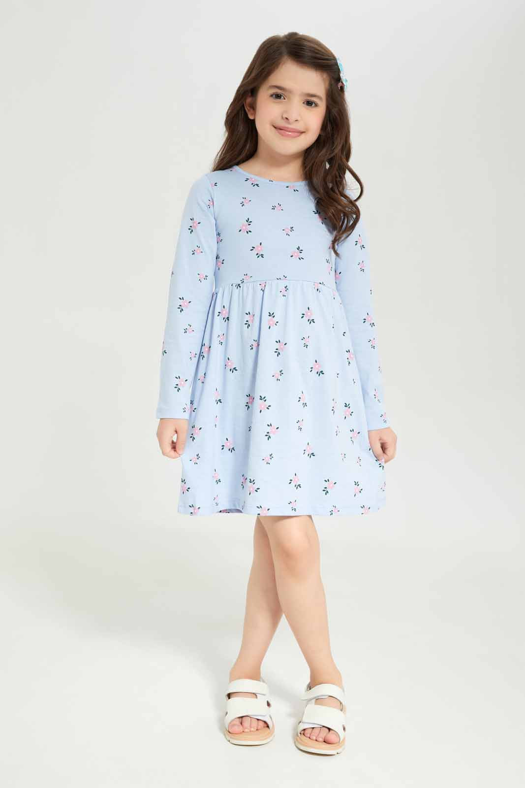 Redtag-Girls-Blue-Opp-Sj-Dress-Ls--Blue-Floral-Check-Category:Dresses,-Colour:Blue,-Deals:New-In,-Dept:Girls,-Filter:Girls-(2-to-8-Yrs),-GIR-Dresses,-New-In-GIR-APL,-Non-Sale,-S23A,-Section:Girls-(0-to-14Yrs)-Girls-