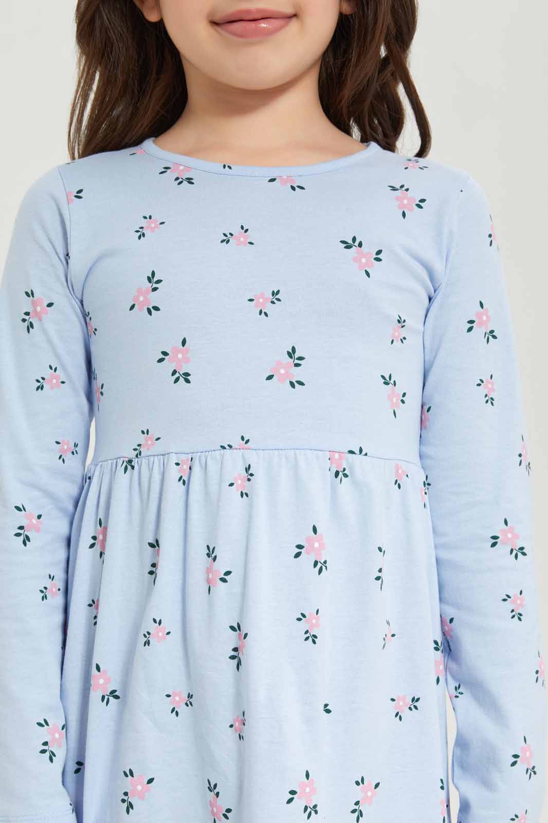 Redtag-Girls-Blue-Opp-Sj-Dress-Ls--Blue-Floral-Check-Category:Dresses,-Colour:Blue,-Deals:New-In,-Dept:Girls,-Filter:Girls-(2-to-8-Yrs),-GIR-Dresses,-New-In-GIR-APL,-Non-Sale,-S23A,-Section:Girls-(0-to-14Yrs)-Girls-