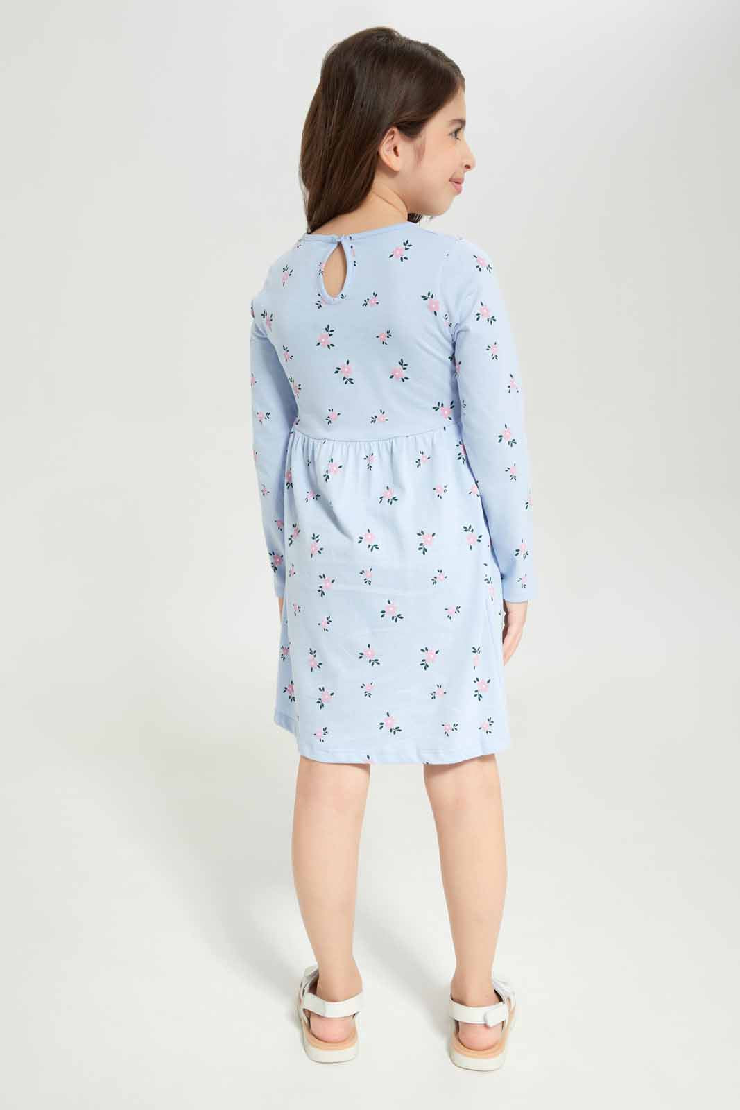 Redtag-Girls-Blue-Opp-Sj-Dress-Ls--Blue-Floral-Check-Category:Dresses,-Colour:Blue,-Deals:New-In,-Dept:Girls,-Filter:Girls-(2-to-8-Yrs),-GIR-Dresses,-New-In-GIR-APL,-Non-Sale,-S23A,-Section:Girls-(0-to-14Yrs)-Girls-