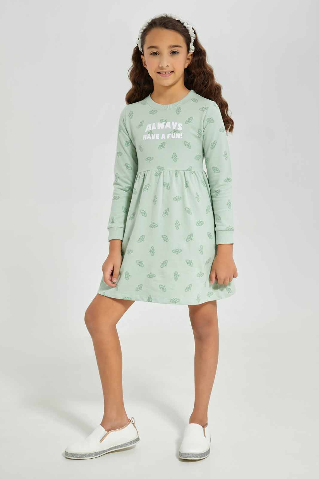 Redtag-Girls-Sage-Active-Dress--Sage-Tonal-Flower-Aop-Category:Dresses,-Colour:Green,-Deals:New-In,-Dept:Girls,-Filter:Girls-(2-to-8-Yrs),-GIR-Dresses,-New-In-GIR-APL,-Non-Sale,-S23A,-Section:Girls-(0-to-14Yrs)-Girls-2 to 8 Years