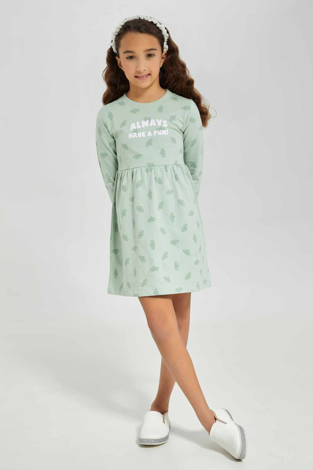 Redtag-Girls-Sage-Active-Dress--Sage-Tonal-Flower-Aop-Category:Dresses,-Colour:Green,-Deals:New-In,-Dept:Girls,-Filter:Girls-(2-to-8-Yrs),-GIR-Dresses,-New-In-GIR-APL,-Non-Sale,-S23A,-Section:Girls-(0-to-14Yrs)-Girls-2 to 8 Years