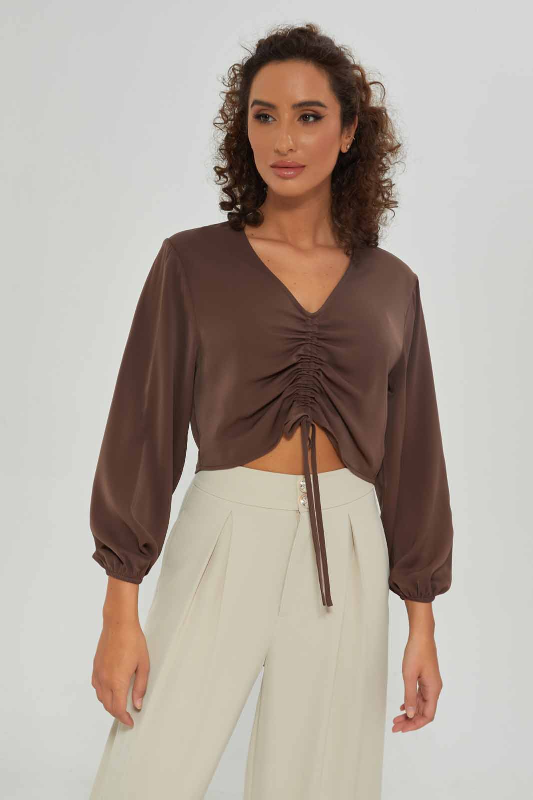 Redtag-Women-Brown-Ruched-Front-Crop-Blouse-Solid-Category:Blouses,-Colour:Brown,-Deals:New-In,-Dept:Ladieswear,-Filter:Women's-Clothing,-New-In-Women-APL,-Non-Sale,-S23A,-Section:Women,-Women-Blouses-Women's-