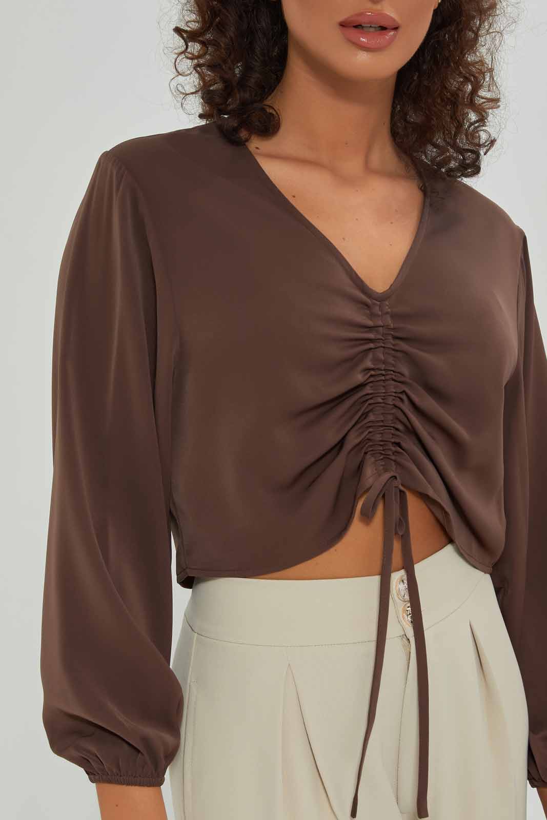 Redtag-Women-Brown-Ruched-Front-Crop-Blouse-Solid-Category:Blouses,-Colour:Brown,-Deals:New-In,-Dept:Ladieswear,-Filter:Women's-Clothing,-New-In-Women-APL,-Non-Sale,-S23A,-Section:Women,-Women-Blouses-Women's-