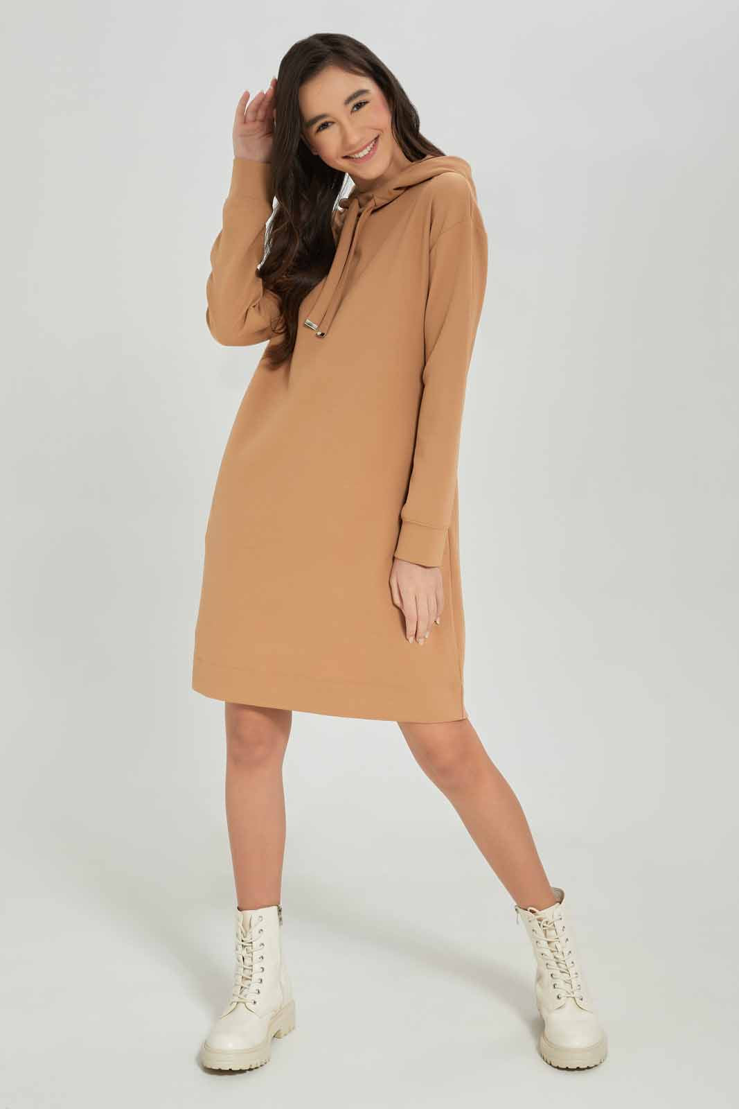 Redtag-Girls-Lt-Beige-Hoody-Dresses-Category:Dresses,-Colour:Beige,-Deals:New-In,-Dept:Girls,-Filter:Senior-Girls-(8-to-14-Yrs),-GSR-Dresses,-New-In-GSR-APL,-Non-Sale,-S23A,-Section:Girls-(0-to-14Yrs)-Senior-Girls-9 to 14 Years