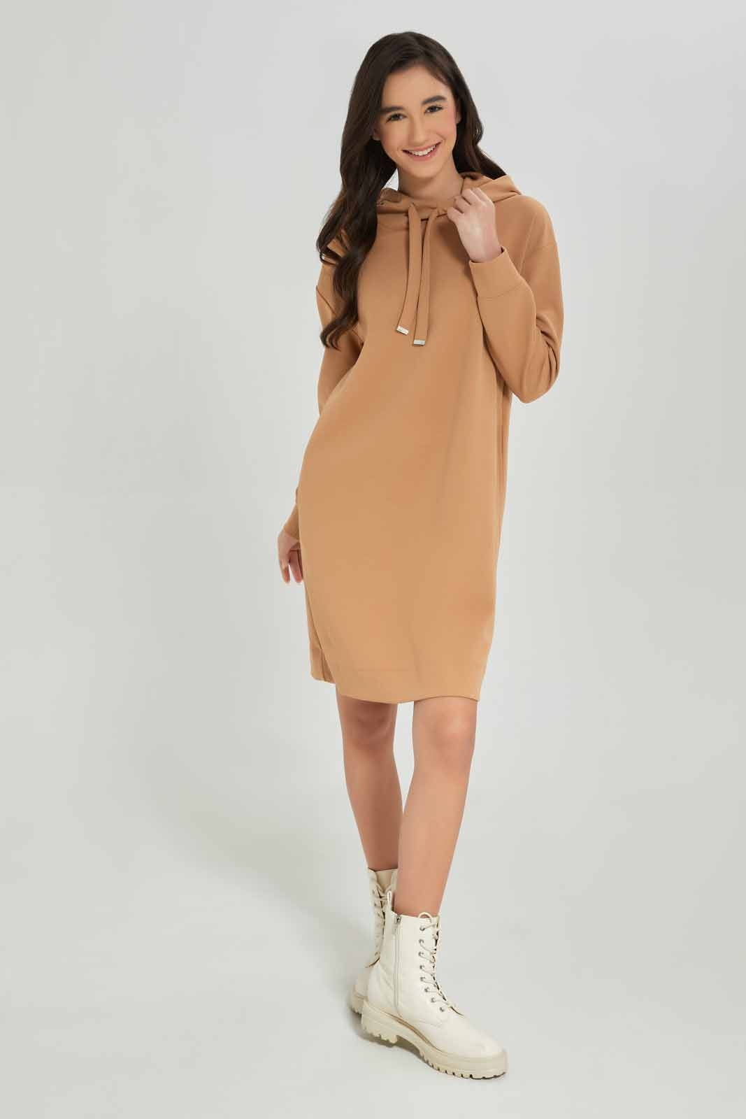 Redtag-Girls-Lt-Beige-Hoody-Dresses-Category:Dresses,-Colour:Beige,-Deals:New-In,-Dept:Girls,-Filter:Senior-Girls-(8-to-14-Yrs),-GSR-Dresses,-New-In-GSR-APL,-Non-Sale,-S23A,-Section:Girls-(0-to-14Yrs)-Senior-Girls-9 to 14 Years