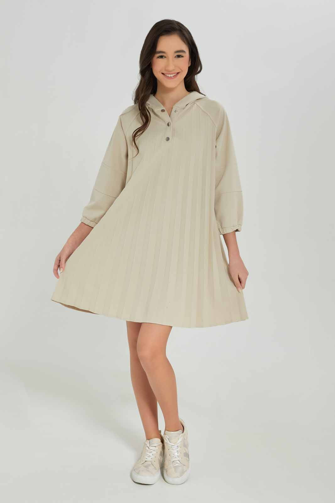 Redtag-Girls-Beige-Pleated-Hoody-Dress-Category:Dresses,-Colour:Beige,-Deals:New-In,-Dept:Girls,-Filter:Senior-Girls-(8-to-14-Yrs),-GSR-Dresses,-New-In-GSR-APL,-Non-Sale,-S23A,-Section:Girls-(0-to-14Yrs)-Senior-Girls-9 to 14 Years