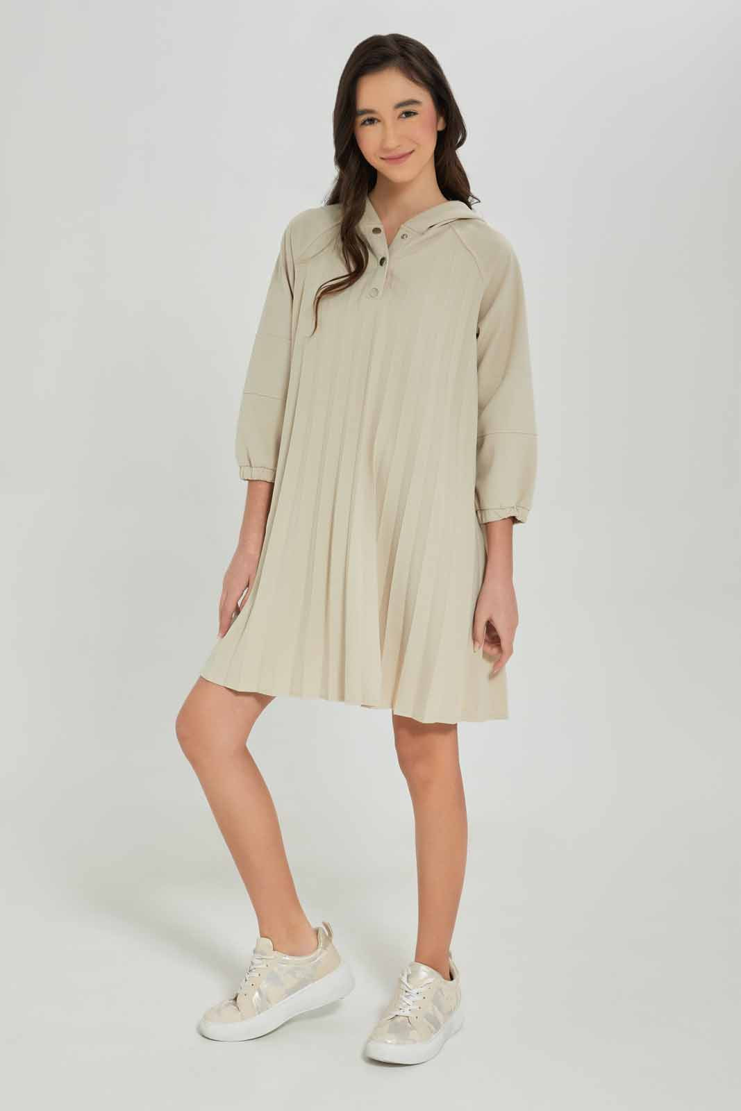 Redtag-Girls-Beige-Pleated-Hoody-Dress-Category:Dresses,-Colour:Beige,-Deals:New-In,-Dept:Girls,-Filter:Senior-Girls-(8-to-14-Yrs),-GSR-Dresses,-New-In-GSR-APL,-Non-Sale,-S23A,-Section:Girls-(0-to-14Yrs)-Senior-Girls-9 to 14 Years