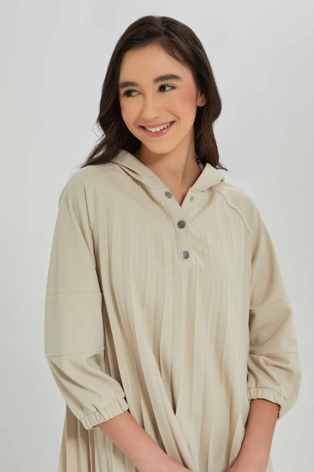Redtag-Girls-Beige-Pleated-Hoody-Dress-Category:Dresses,-Colour:Beige,-Deals:New-In,-Dept:Girls,-Filter:Senior-Girls-(8-to-14-Yrs),-GSR-Dresses,-New-In-GSR-APL,-Non-Sale,-S23A,-Section:Girls-(0-to-14Yrs)-Senior-Girls-9 to 14 Years