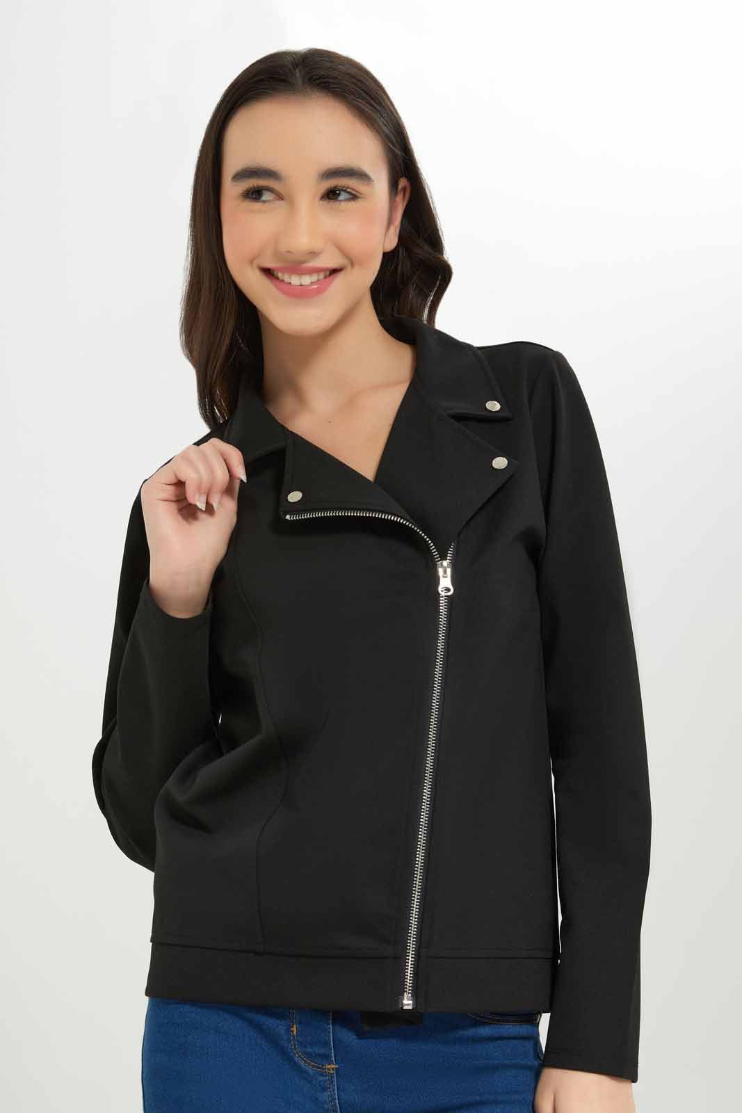 Redtag-Girls-Black-Biker-Ponte-Jacket-Category:Jackets,-Colour:Black,-Deals:New-In,-Dept:Girls,-Filter:Senior-Girls-(8-to-14-Yrs),-GSR-Jackets,-New-In-GSR-APL,-Non-Sale,-S23A,-Section:Girls-(0-to-14Yrs)-Senior-Girls-