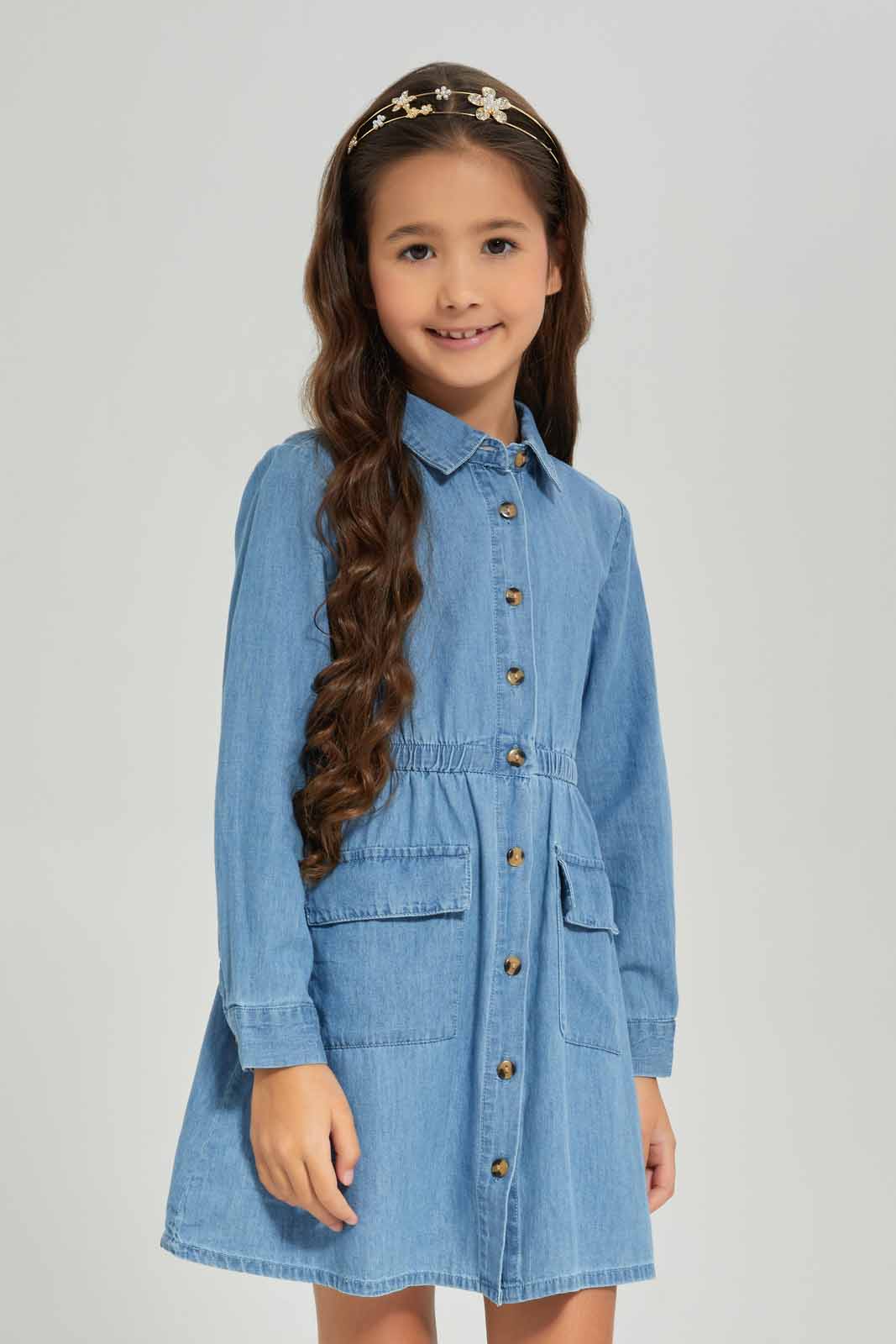 Redtag-Girls-Blue-Ls-Shirt-Dress-Chambray-Category:Dresses,-Colour:Blue,-Deals:New-In,-Dept:Girls,-Filter:Girls-(2-to-8-Yrs),-GIR-Dresses,-New-In-GIR-APL,-Non-Sale,-S23A,-Section:Girls-(0-to-14Yrs)-Girls-2 to 8 Years