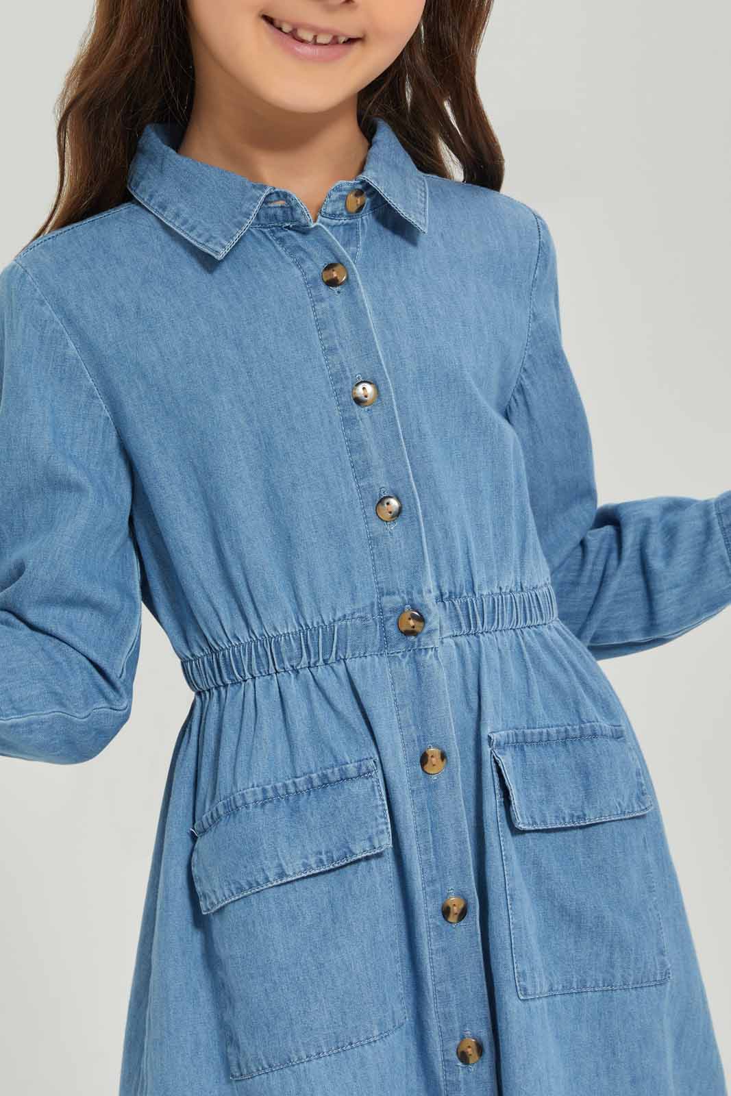 Redtag-Girls-Blue-Ls-Shirt-Dress-Chambray-Category:Dresses,-Colour:Blue,-Deals:New-In,-Dept:Girls,-Filter:Girls-(2-to-8-Yrs),-GIR-Dresses,-New-In-GIR-APL,-Non-Sale,-S23A,-Section:Girls-(0-to-14Yrs)-Girls-2 to 8 Years