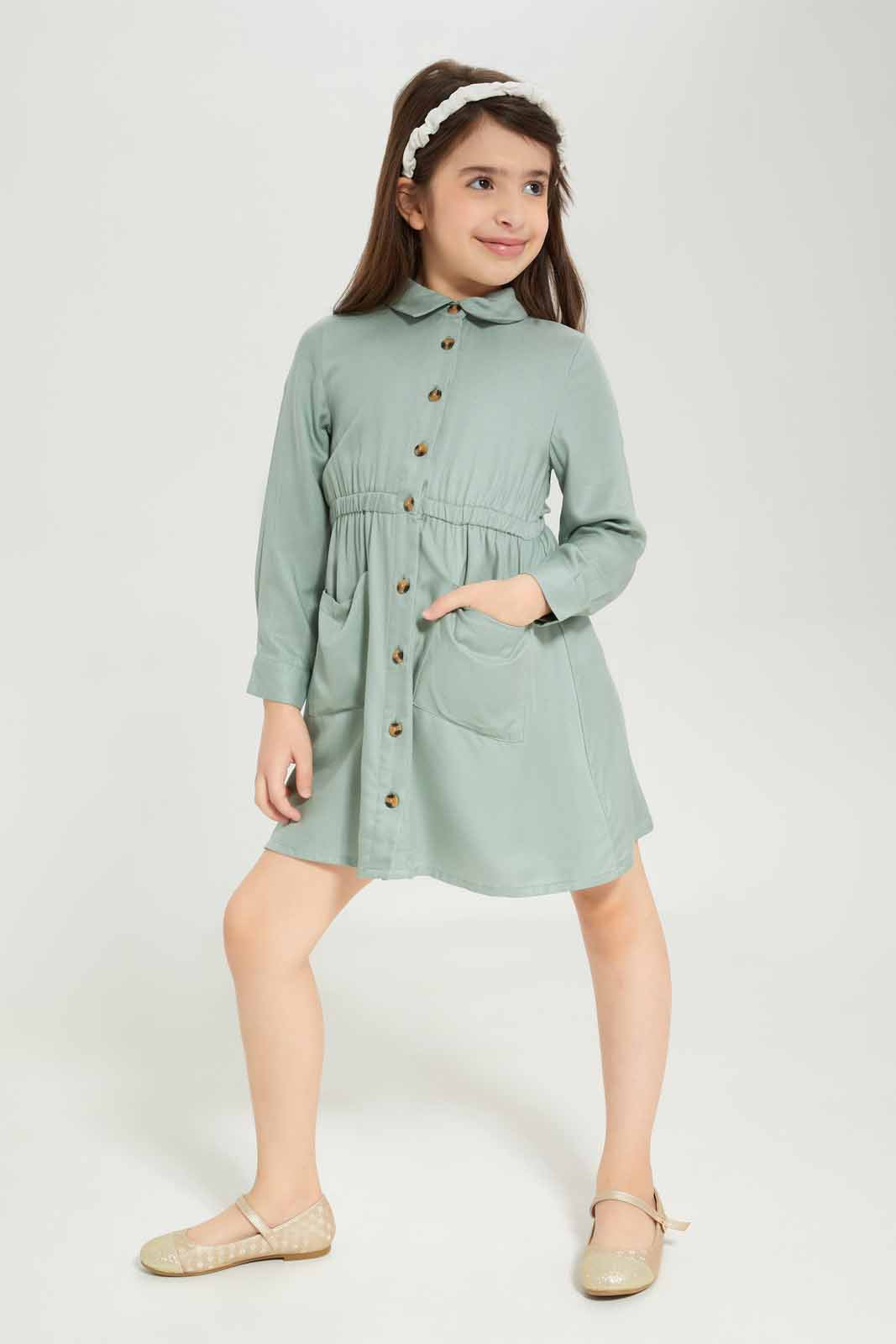 Redtag-Girls-Fatigue-Ls-Shirt-Dress-Fatigue-Category:Dresses,-Colour:Green,-Deals:New-In,-Dept:Girls,-Filter:Girls-(2-to-8-Yrs),-GIR-Dresses,-New-In-GIR-APL,-Non-Sale,-S23A,-Section:Girls-(0-to-14Yrs)-Girls-