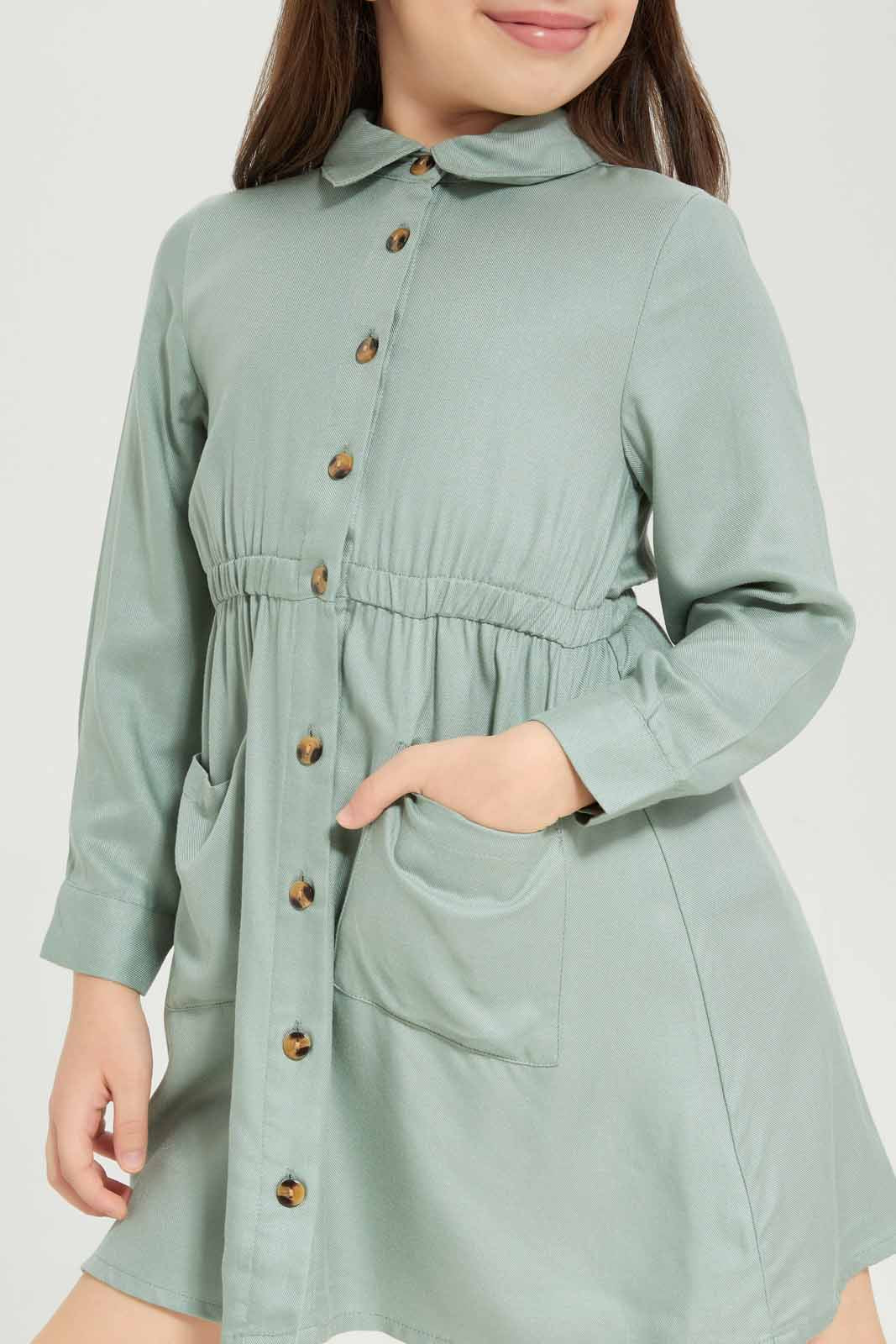 Redtag-Girls-Fatigue-Ls-Shirt-Dress-Fatigue-Category:Dresses,-Colour:Green,-Deals:New-In,-Dept:Girls,-Filter:Girls-(2-to-8-Yrs),-GIR-Dresses,-New-In-GIR-APL,-Non-Sale,-S23A,-Section:Girls-(0-to-14Yrs)-Girls-