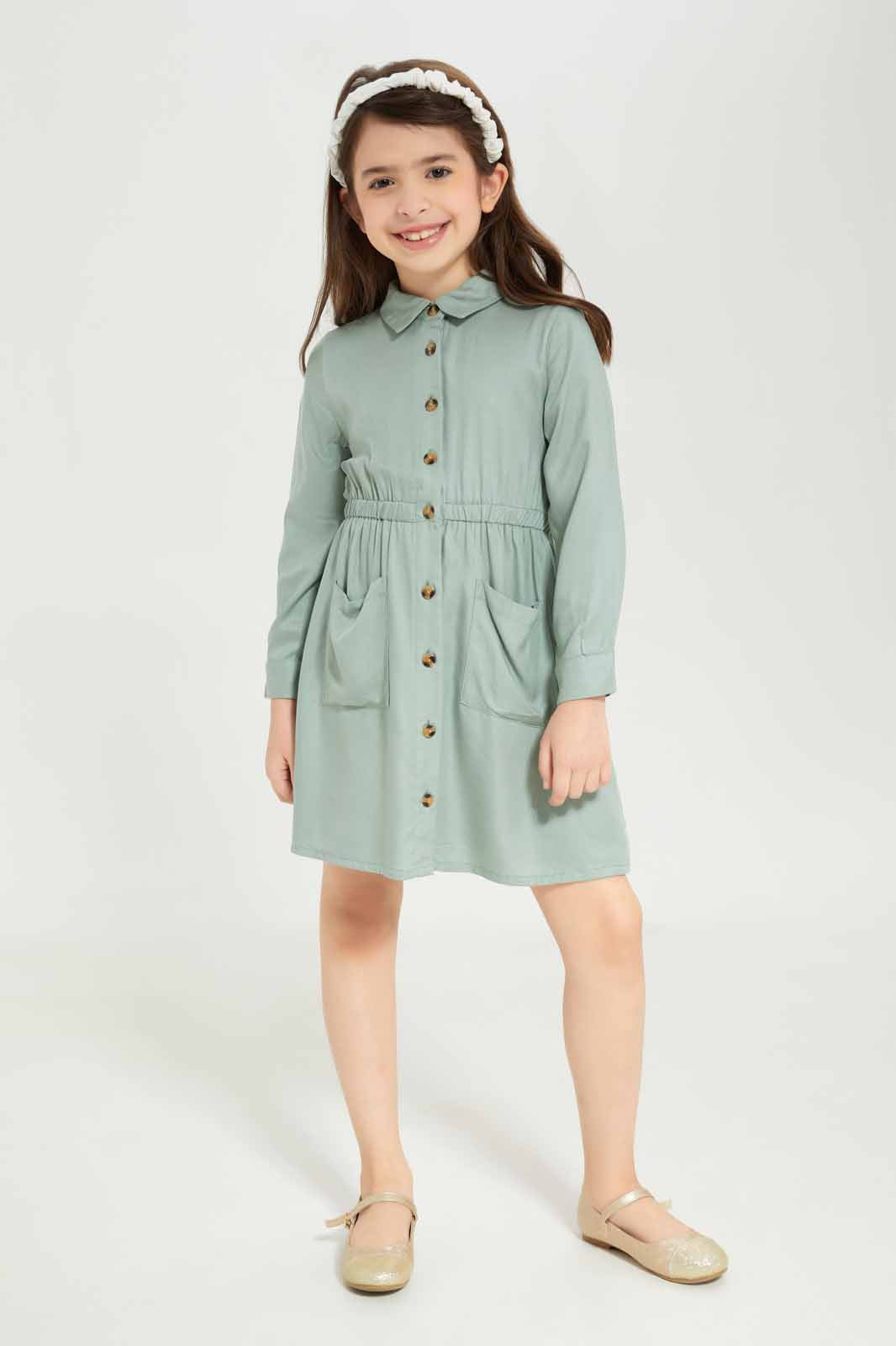 Redtag-Girls-Fatigue-Ls-Shirt-Dress-Fatigue-Category:Dresses,-Colour:Green,-Deals:New-In,-Dept:Girls,-Filter:Girls-(2-to-8-Yrs),-GIR-Dresses,-New-In-GIR-APL,-Non-Sale,-S23A,-Section:Girls-(0-to-14Yrs)-Girls-
