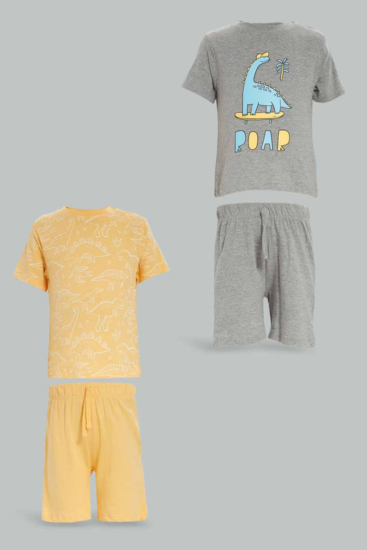 Redtag-Boys-Grey-And-Yellow-Dinoi-Printed-4-Pack-Pj-Set-With-Short-Slv-Tee-And-Shorts-Category:Pyjama-Sets,-Colour:Grey,-Deals:New-In,-Dept:Boys,-Filter:Infant-Boys-(3-to-24-Mths),-INB-Pyjama-Sets,-New-In-INB-APL,-Non-Sale,-S23A,-Section:Boys-(0-to-14Yrs)-Infant-Boys-3 to 24 Months