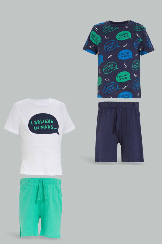 Redtag-Boys-White-Stripe-And-Navy-Printed-4-Pack-Pj-Set-With-Short-Slv-Tee-And-Shorts-Category:Pyjama-Sets,-Colour:Navy,-Deals:New-In,-Dept:Boys,-Filter:Infant-Boys-(3-to-24-Mths),-INB-Pyjama-Sets,-New-In-INB-APL,-Non-Sale,-S23A,-Section:Boys-(0-to-14Yrs)-Infant-Boys-3 to 24 Months