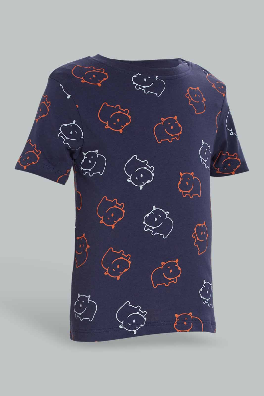 Redtag-Boys-White-And-Navyy-Printed-Rhino-4-Pack-Pj-Set-With-Short-Slv-Tee-And-Shorts-Category:Pyjama-Sets,-Colour:Navy,-Deals:New-In,-Dept:Boys,-Filter:Infant-Boys-(3-to-24-Mths),-INB-Pyjama-Sets,-New-In-INB-APL,-Non-Sale,-S23A,-Section:Boys-(0-to-14Yrs)-Infant-Boys-3 to 24 Months
