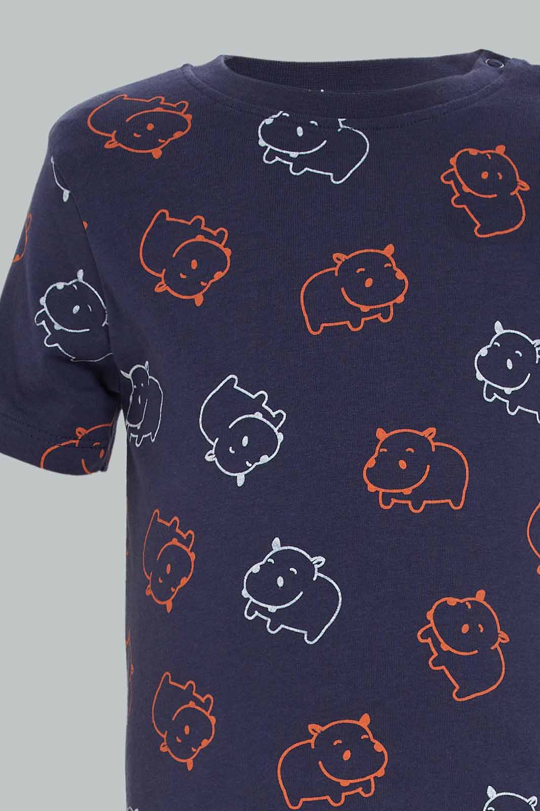 Redtag-Boys-White-And-Navyy-Printed-Rhino-4-Pack-Pj-Set-With-Short-Slv-Tee-And-Shorts-Category:Pyjama-Sets,-Colour:Navy,-Deals:New-In,-Dept:Boys,-Filter:Infant-Boys-(3-to-24-Mths),-INB-Pyjama-Sets,-New-In-INB-APL,-Non-Sale,-S23A,-Section:Boys-(0-to-14Yrs)-Infant-Boys-3 to 24 Months