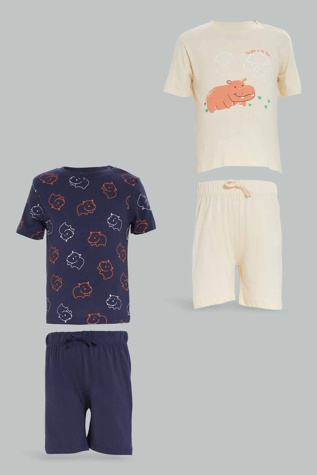 Redtag-Boys-White-And-Navyy-Printed-Rhino-4-Pack-Pj-Set-With-Short-Slv-Tee-And-Shorts-Category:Pyjama-Sets,-Colour:Navy,-Deals:New-In,-Dept:Boys,-Filter:Infant-Boys-(3-to-24-Mths),-INB-Pyjama-Sets,-New-In-INB-APL,-Non-Sale,-S23A,-Section:Boys-(0-to-14Yrs)-Infant-Boys-3 to 24 Months