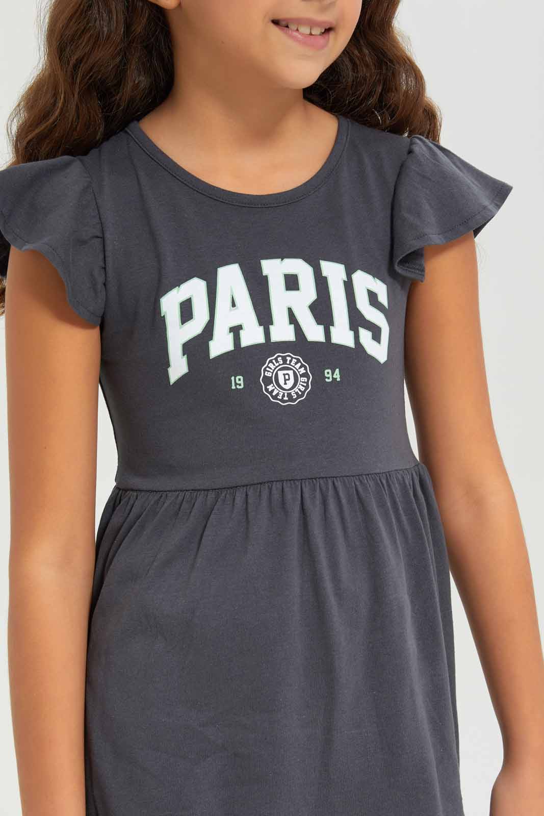 Redtag-Girls-Charcoal-Opp-Sj-Dress--Ss-Charcoal-Placement-Paris-Category:Dresses,-Colour:Charcoal,-Deals:New-In,-Dept:Girls,-Filter:Girls-(2-to-8-Yrs),-GIR-Dresses,-New-In-GIR-APL,-Non-Sale,-S23A,-Section:Girls-(0-to-14Yrs),-VLM-Girls-2 to 8 Years