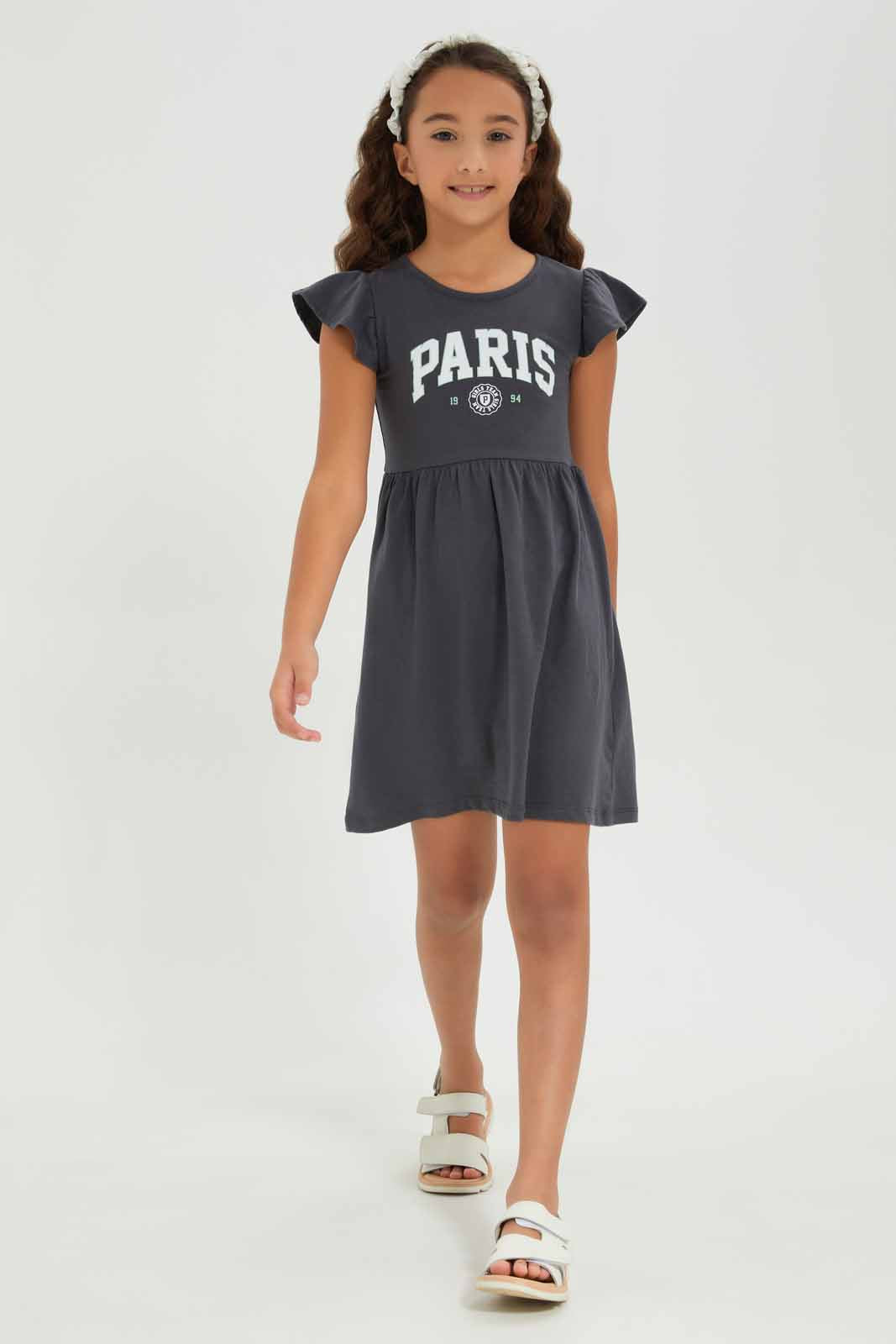 Redtag-Girls-Charcoal-Opp-Sj-Dress--Ss-Charcoal-Placement-Paris-Category:Dresses,-Colour:Charcoal,-Deals:New-In,-Dept:Girls,-Filter:Girls-(2-to-8-Yrs),-GIR-Dresses,-New-In-GIR-APL,-Non-Sale,-S23A,-Section:Girls-(0-to-14Yrs),-VLM-Girls-2 to 8 Years