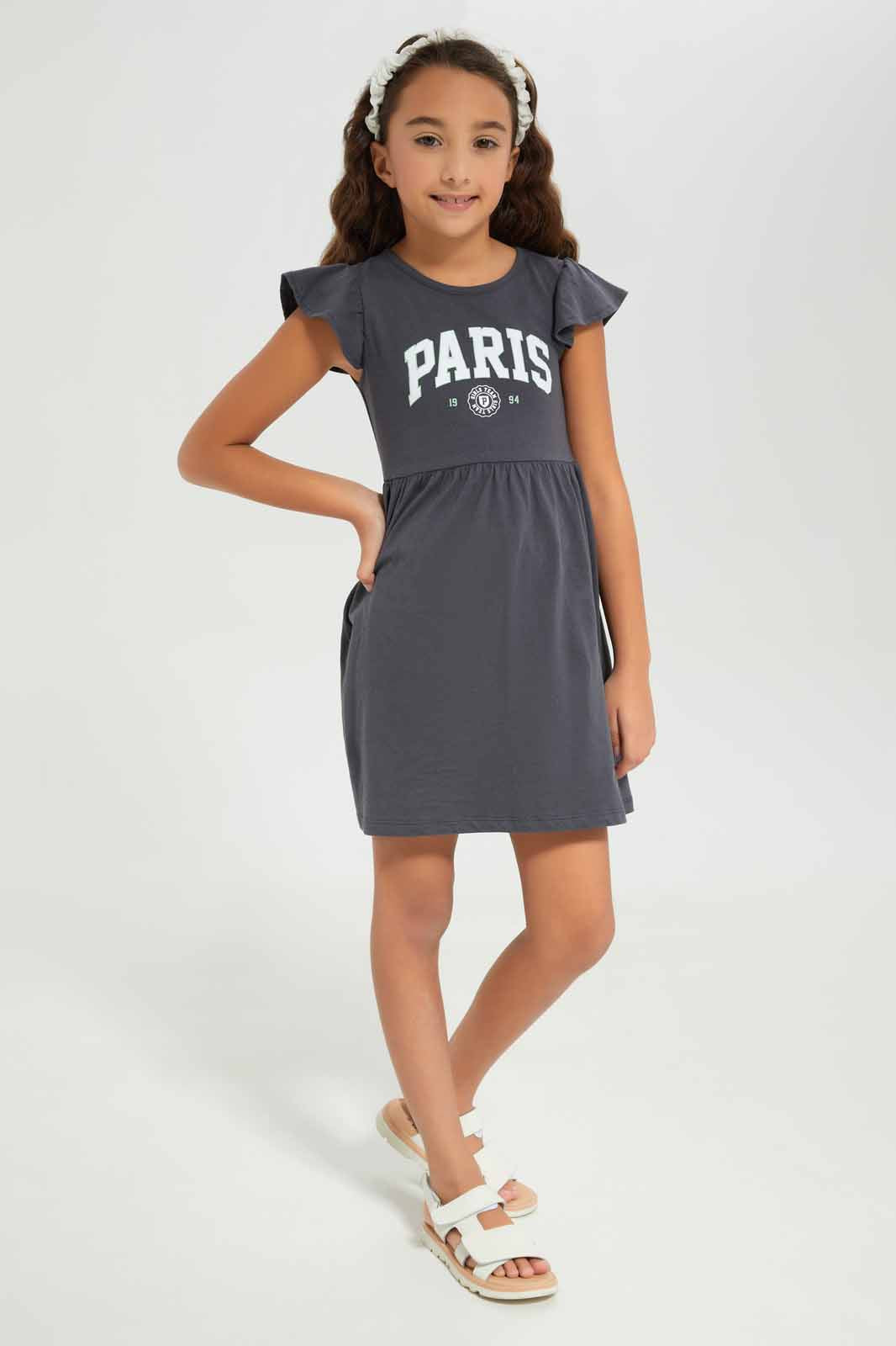Redtag-Girls-Charcoal-Opp-Sj-Dress--Ss-Charcoal-Placement-Paris-Category:Dresses,-Colour:Charcoal,-Deals:New-In,-Dept:Girls,-Filter:Girls-(2-to-8-Yrs),-GIR-Dresses,-New-In-GIR-APL,-Non-Sale,-S23A,-Section:Girls-(0-to-14Yrs),-VLM-Girls-2 to 8 Years