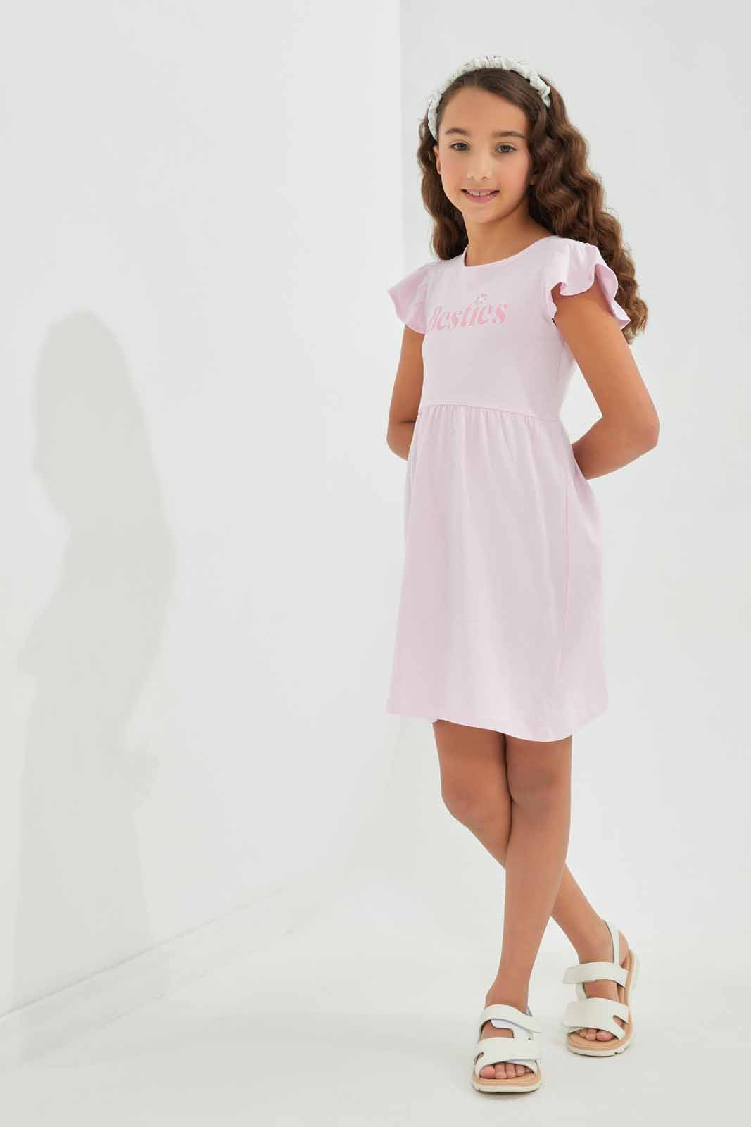 Redtag-Girls-Pink-Opp-Sj-Dress--Ss--Pale-Pink-Besties-Category:Dresses,-Colour:Apricot,-Deals:New-In,-Dept:Girls,-Filter:Girls-(2-to-8-Yrs),-GIR-Dresses,-New-In-GIR-APL,-Non-Sale,-S23A,-Section:Girls-(0-to-14Yrs),-VLM-Girls-2 to 8 Years
