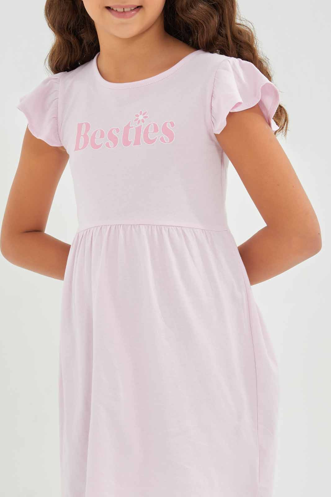 Redtag-Girls-Pink-Opp-Sj-Dress--Ss--Pale-Pink-Besties-Category:Dresses,-Colour:Apricot,-Deals:New-In,-Dept:Girls,-Filter:Girls-(2-to-8-Yrs),-GIR-Dresses,-New-In-GIR-APL,-Non-Sale,-S23A,-Section:Girls-(0-to-14Yrs),-VLM-Girls-2 to 8 Years