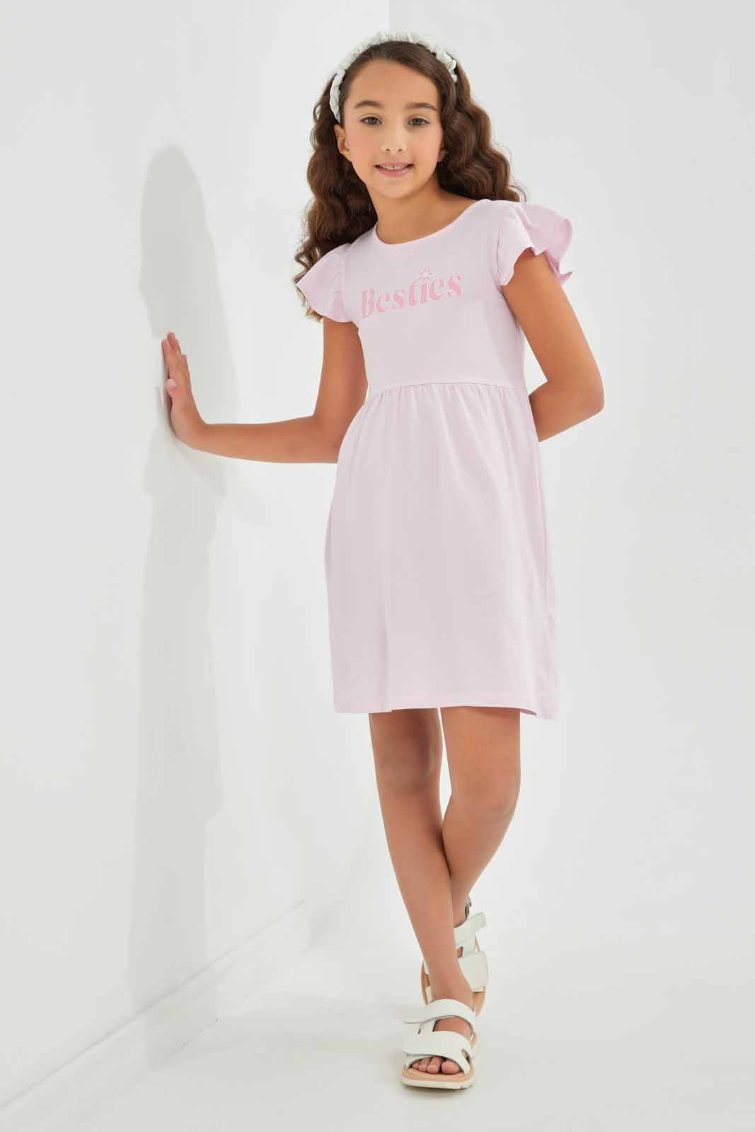 Redtag-Girls-Pink-Opp-Sj-Dress--Ss--Pale-Pink-Besties-Category:Dresses,-Colour:Apricot,-Deals:New-In,-Dept:Girls,-Filter:Girls-(2-to-8-Yrs),-GIR-Dresses,-New-In-GIR-APL,-Non-Sale,-S23A,-Section:Girls-(0-to-14Yrs),-VLM-Girls-2 to 8 Years