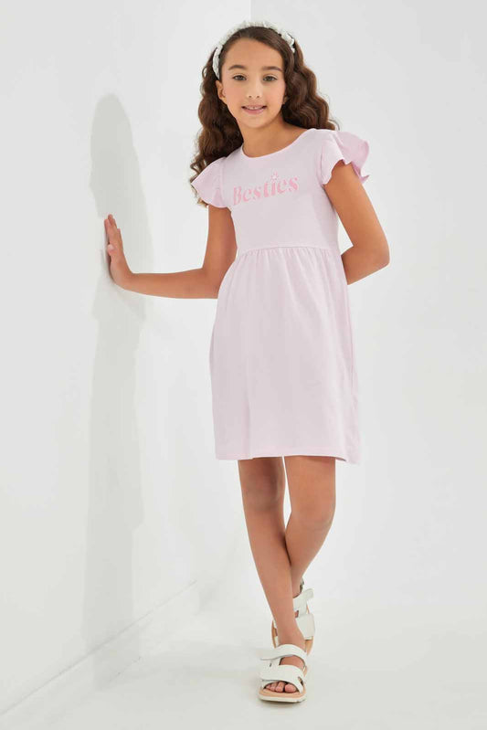 Redtag-Girls-Pink-Opp-Sj-Dress--Ss--Pale-Pink-Besties-Category:Dresses,-Colour:Apricot,-Deals:New-In,-Dept:Girls,-Filter:Girls-(2-to-8-Yrs),-GIR-Dresses,-New-In-GIR-APL,-Non-Sale,-S23A,-Section:Girls-(0-to-14Yrs),-VLM-Girls-2 to 8 Years