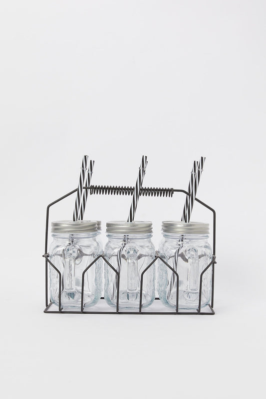 Redtag-Clear-Glass-Mason-Jar-With-Metal-Stand-&-Straws-(13-Piece)-Category:Glasses,-Colour:White,-Deals:New-In,-Dept:Home,-Filter:Home-Dining,-H1:HMW,-H2:DIN,-H3:DRW,-H4:GLS,-HMW-DIN-Drinkware,-New-In-HMW-DIN,-Non-Sale,-S23A,-Season:S23A,-Section:Homewares-Home-Dining-