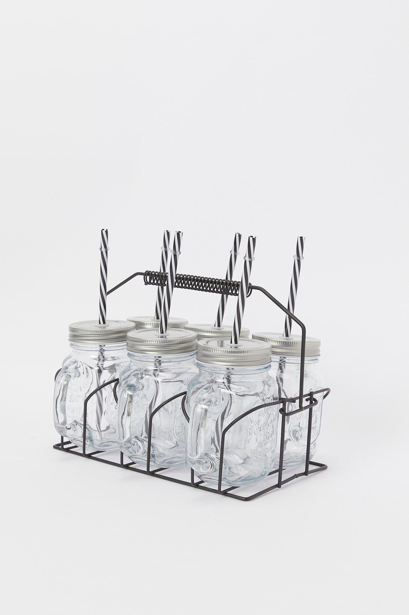 Redtag-Clear-Glass-Mason-Jar-With-Metal-Stand-&-Straws-(13-Piece)-Category:Glasses,-Colour:White,-Deals:New-In,-Dept:Home,-Filter:Home-Dining,-H1:HMW,-H2:DIN,-H3:DRW,-H4:GLS,-HMW-DIN-Drinkware,-New-In-HMW-DIN,-Non-Sale,-S23A,-Season:S23A,-Section:Homewares-Home-Dining-