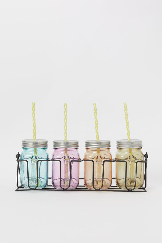 Redtag-Assorted-Glass-Mason-Jar-With-Straws-&-Metal-Stand-(9-Piece)-Category:Glasses,-Colour:Assorted,-Deals:New-In,-Dept:Home,-Filter:Home-Dining,-H1:HMW,-H2:DIN,-H3:DRW,-H4:GLS,-HMW-DIN-Drinkware,-New-In-HMW-DIN,-Non-Sale,-S23A,-Season:S23A,-Section:Homewares-Home-Dining-