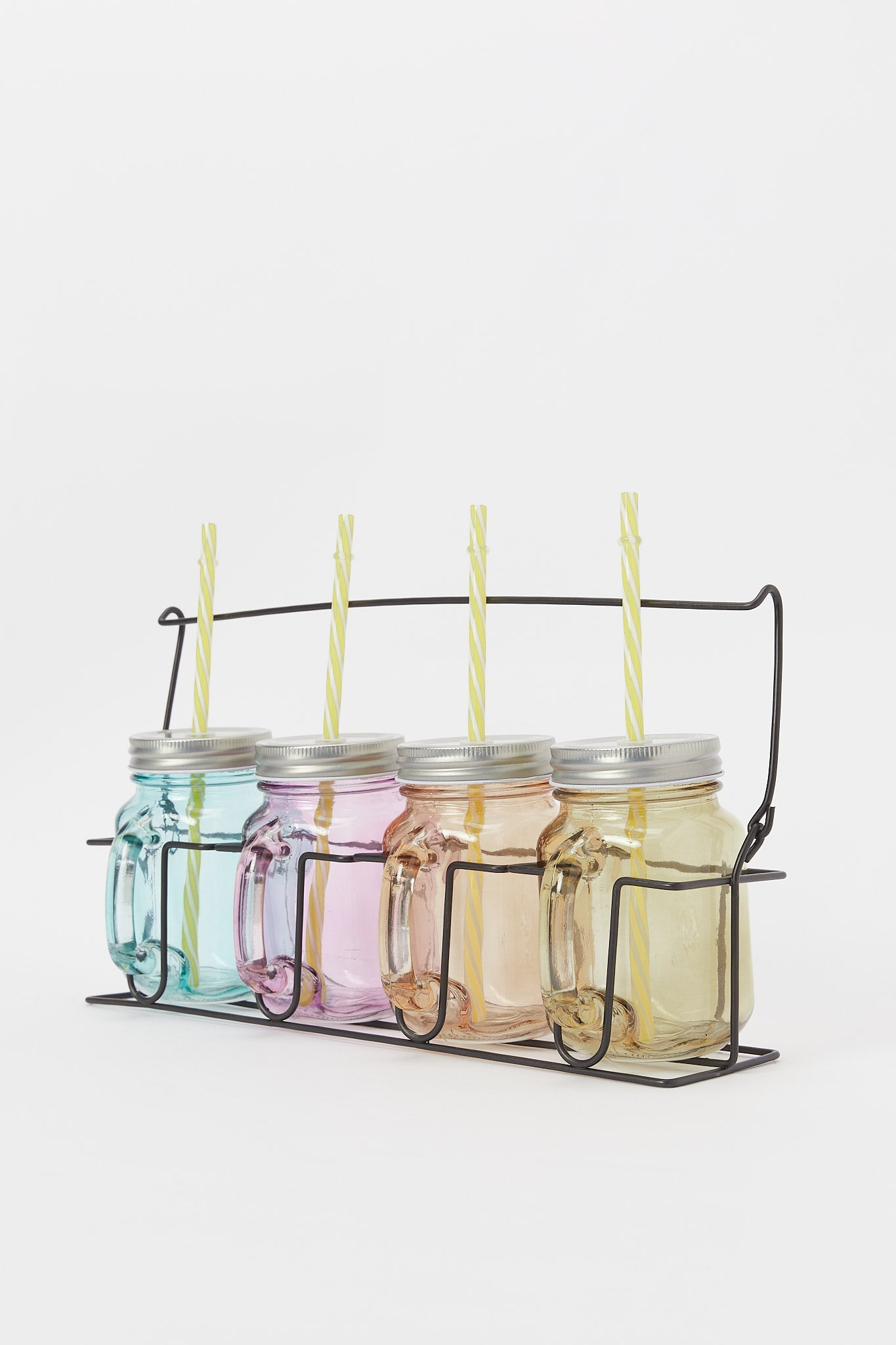 Redtag-Assorted-Glass-Mason-Jar-With-Straws-&-Metal-Stand-(9-Piece)-Category:Glasses,-Colour:Assorted,-Deals:New-In,-Dept:Home,-Filter:Home-Dining,-H1:HMW,-H2:DIN,-H3:DRW,-H4:GLS,-HMW-DIN-Drinkware,-New-In-HMW-DIN,-Non-Sale,-S23A,-Season:S23A,-Section:Homewares-Home-Dining-