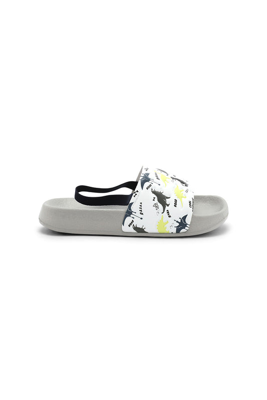 Redtag-White-Dinosaur-Print-Slide-With-Backstrap-BOY-Flip-Flops,-Category:Flip-Flops,-Colour:White,-Deals:New-In,-Filter:Boys-Footwear-(3-to-5-Yrs),-N/A,-New-In-BOY-FOO,-Non-Sale,-S23A,-Section:Boys-(0-to-14Yrs)-Boys-3 to 5 Years