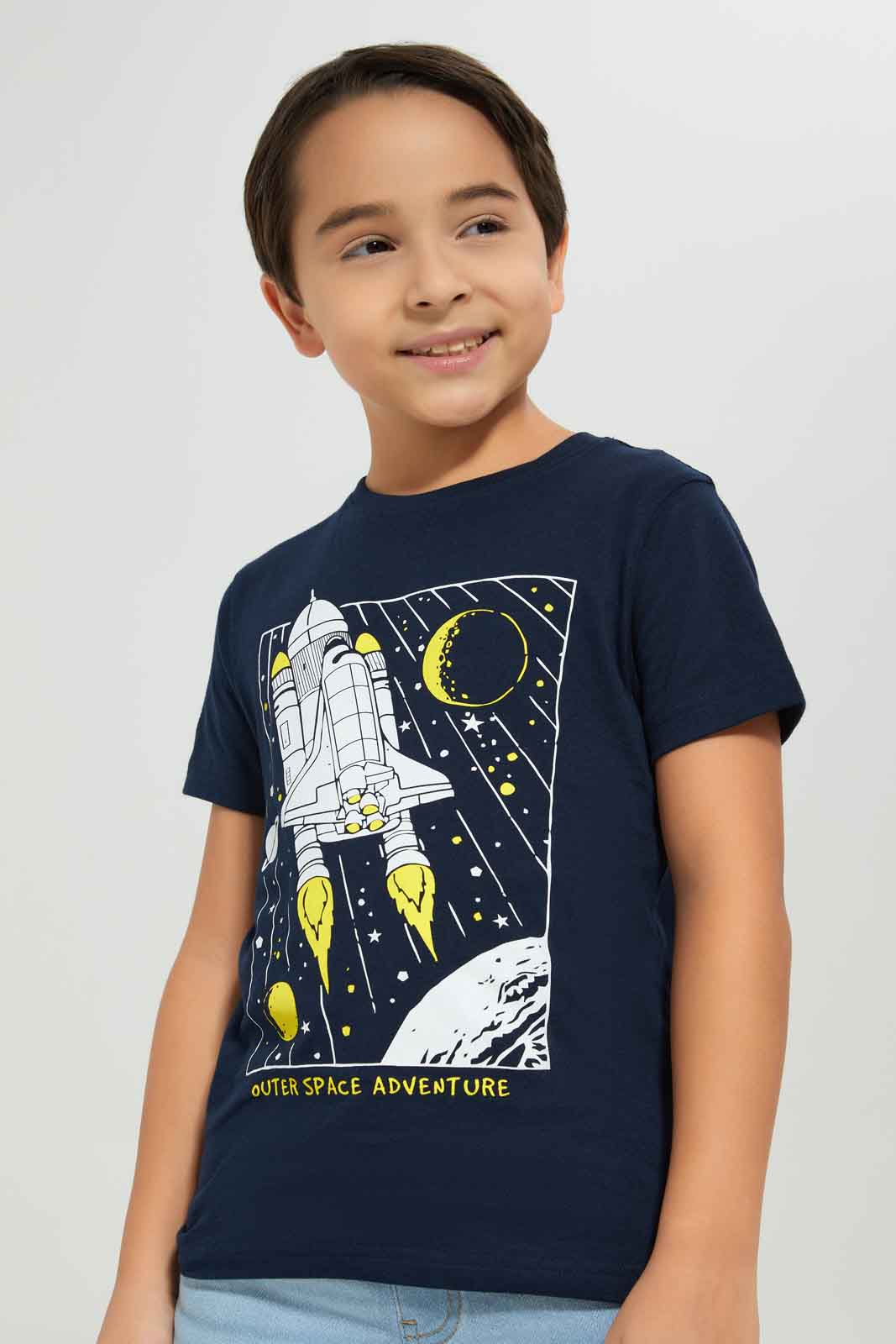 Redtag-Boys-Navy-Space-Short-Sleeve-Graphic-T-Shirt-BOY-T-Shirts,-Category:T-Shirts,-Colour:Navy,-Deals:New-In,-Dept:Boys,-Filter:Boys-(2-to-8-Yrs),-New-In-BOY-APL,-Non-Sale,-S23A,-Section:Boys-(0-to-14Yrs),-TBL-Boys-2 to 8 Years