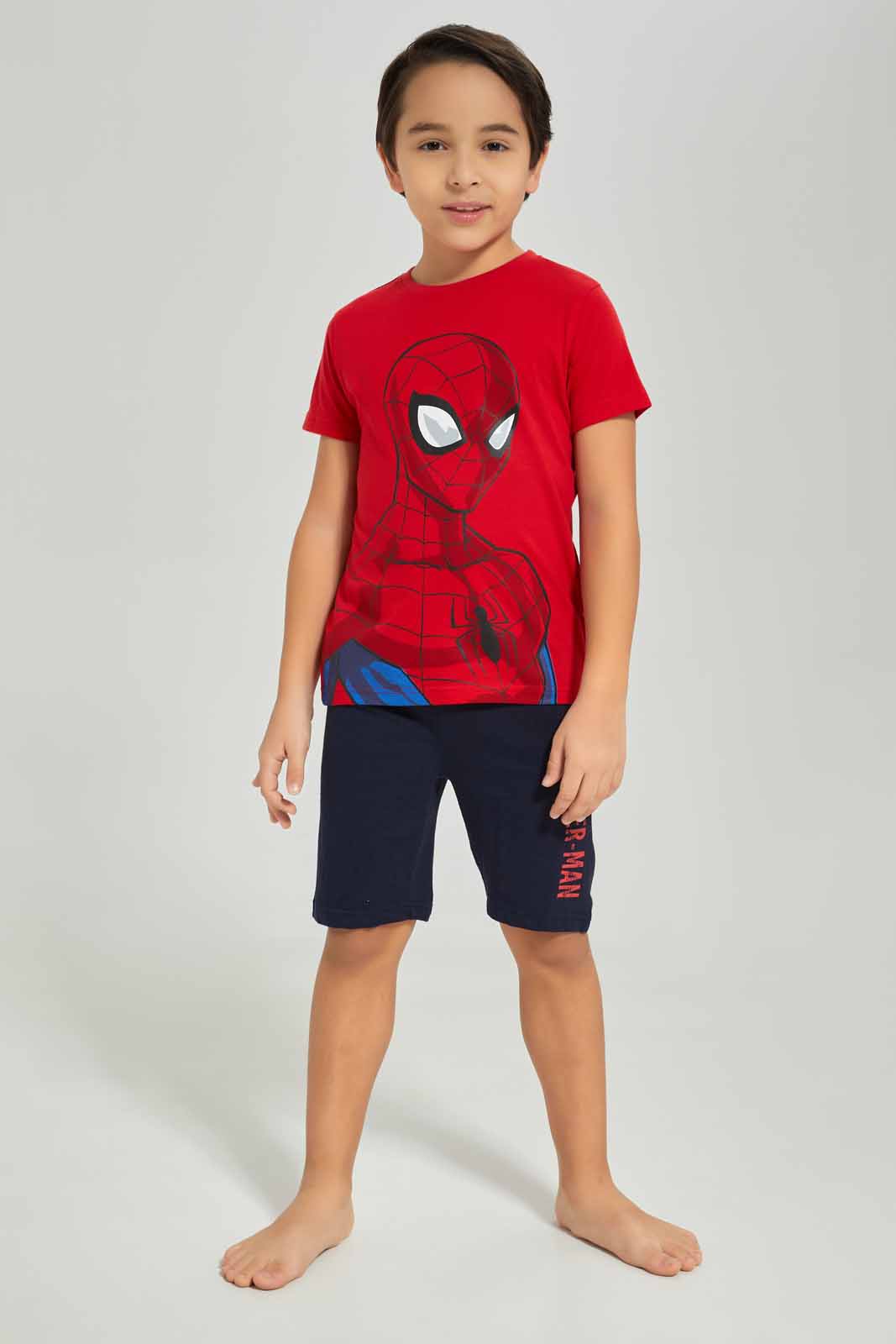 Redtag-Boys-Red-Spiderman-T-Shirt-And-Shorts-Pyjama-Set-BOY-Pyjama-Sets,-Category:Pyjama-Sets,-CHA,-Colour:Red,-Deals:New-In,-Dept:Boys,-Filter:Boys-(2-to-8-Yrs),-New-In-BOY-APL,-Non-Sale,-S23A,-Section:Boys-(0-to-14Yrs)-Boys-2 to 8 Years