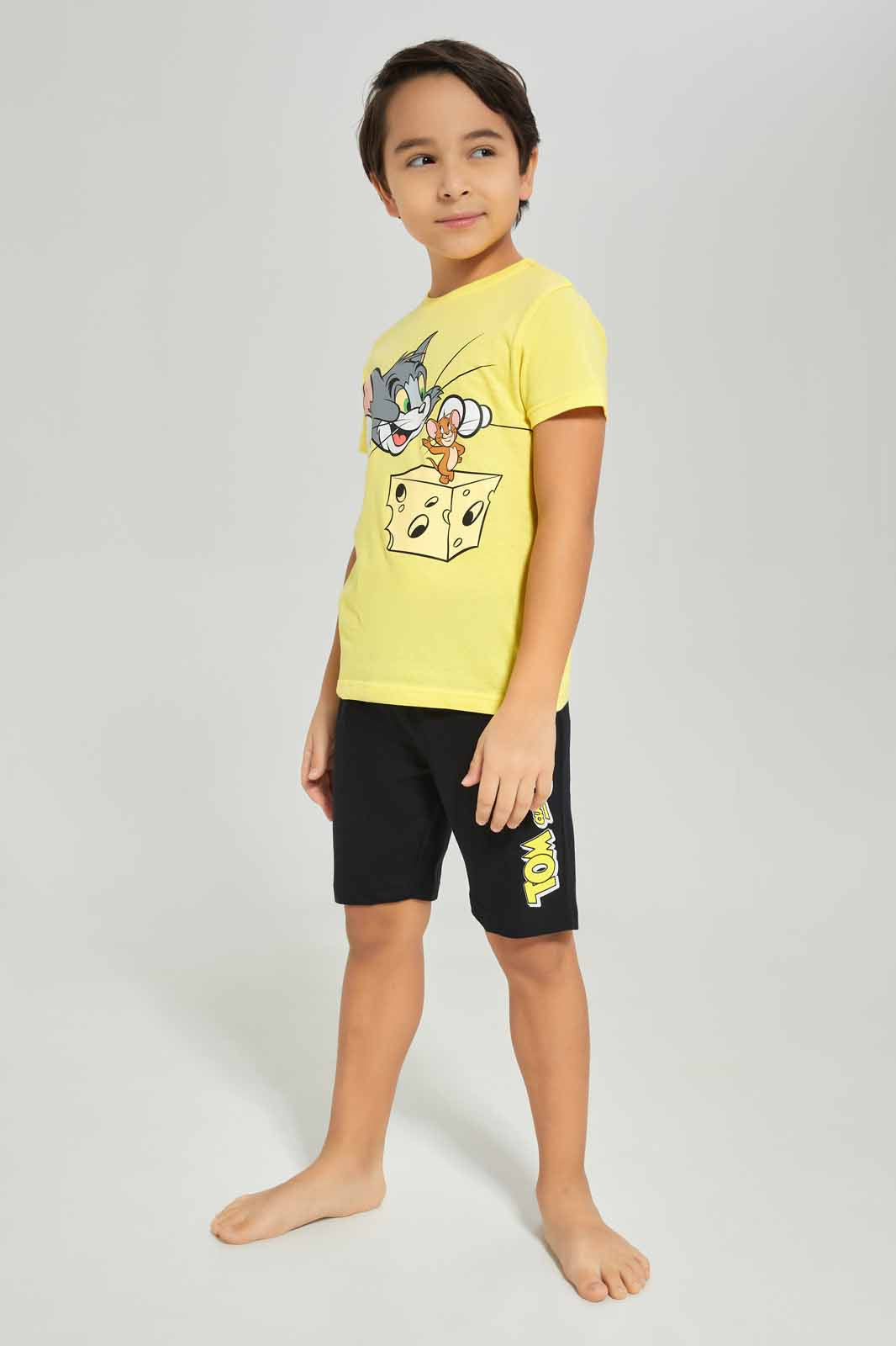 Redtag-Boys-Yellow-Tom-And-Jerry-T-Shirt-And-Shorts-Pyjama-Set-BOY-Pyjama-Sets,-Category:Pyjama-Sets,-Colour:Yellow,-Deals:New-In,-Dept:Boys,-Filter:Boys-(2-to-8-Yrs),-New-In-BOY-APL,-Non-Sale,-S23A,-Section:Boys-(0-to-14Yrs)-Boys-2 to 8 Years