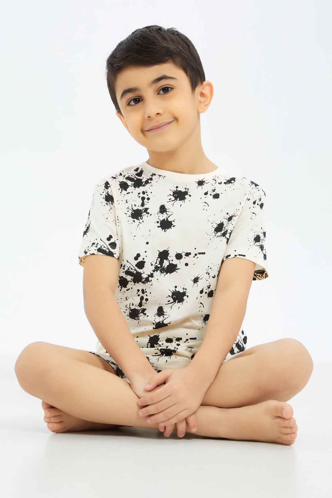 Redtag-Boys-Beige-Splat-Print-Pyjama-Set-BOY-Pyjama-Sets,-Category:Pyjama-Sets,-Colour:Beige,-Deals:New-In,-Dept:Boys,-Filter:Boys-(2-to-8-Yrs),-New-In-BOY-APL,-Non-Sale,-S23A,-Section:Boys-(0-to-14Yrs)-Boys-2 to 8 Years