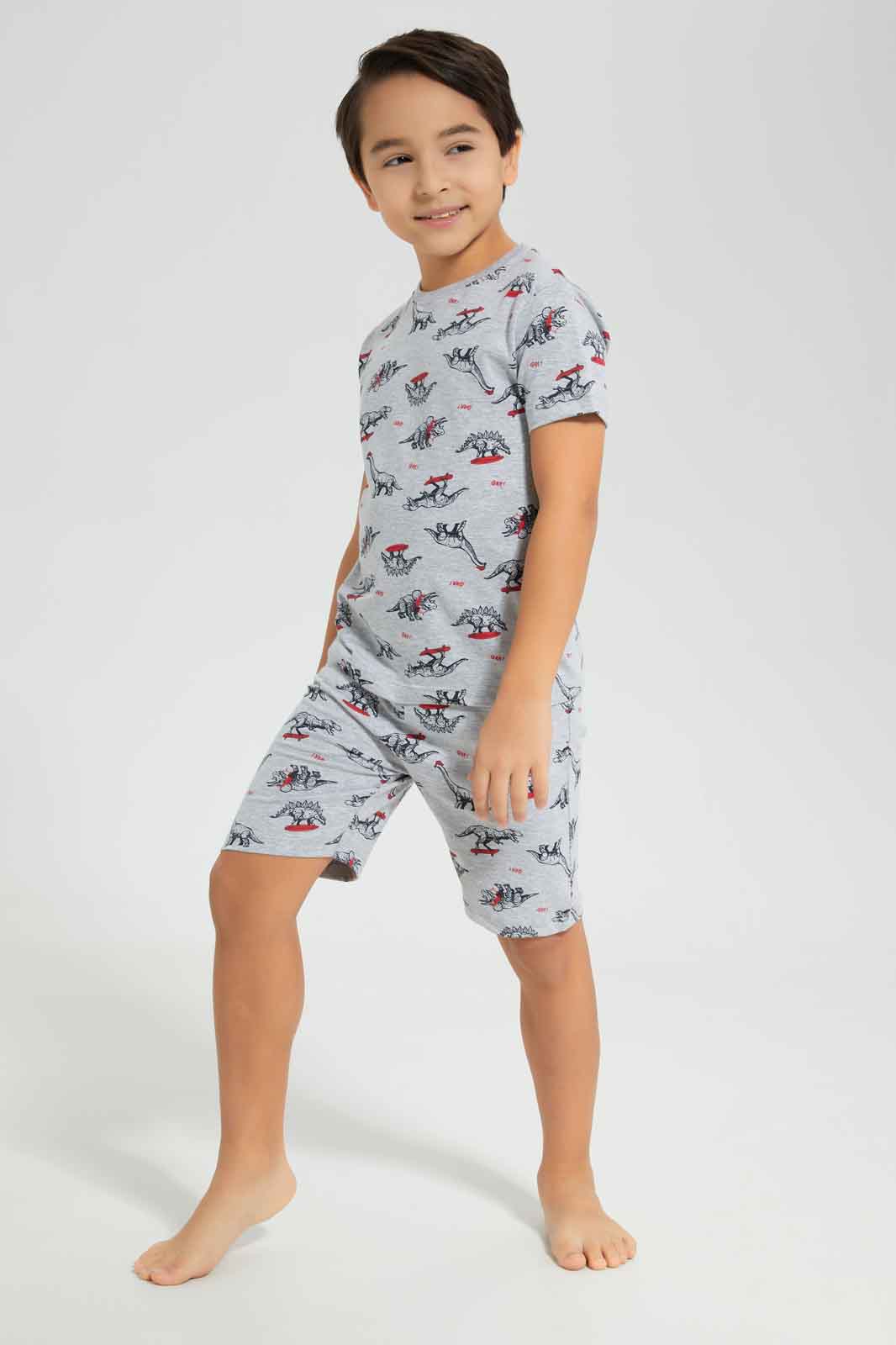 Redtag-Boys-Grey-Mel-Dino-Aop-Pyjama-Set-BOY-Pyjama-Sets,-Category:Pyjama-Sets,-Colour:Grey,-Deals:New-In,-Dept:Boys,-Filter:Boys-(2-to-8-Yrs),-New-In-BOY-APL,-Non-Sale,-S23A,-Section:Boys-(0-to-14Yrs)-Boys-2 to 8 Years