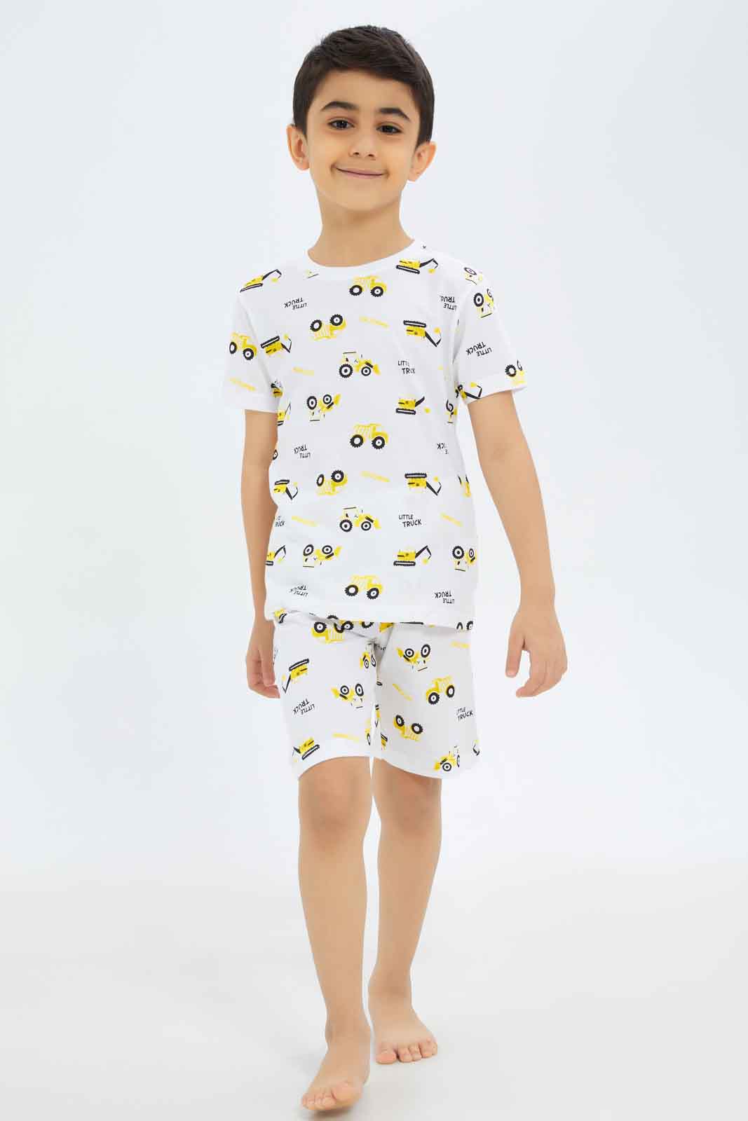 Redtag-Boys-White-Truck-Aop-Pyjama-Set-BOY-Pyjama-Sets,-Category:Pyjama-Sets,-Colour:White,-Deals:New-In,-Dept:Boys,-Filter:Boys-(2-to-8-Yrs),-New-In-BOY-APL,-Non-Sale,-S23A,-Section:Boys-(0-to-14Yrs)-Boys-2 to 8 Years