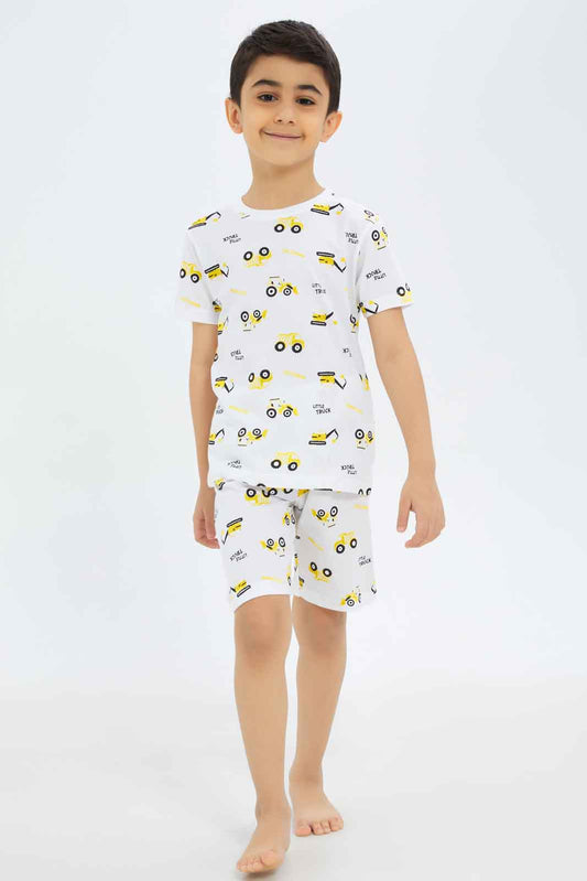 Redtag-Boys-White-Truck-Aop-Pyjama-Set-BOY-Pyjama-Sets,-Category:Pyjama-Sets,-Colour:White,-Deals:New-In,-Dept:Boys,-Filter:Boys-(2-to-8-Yrs),-New-In-BOY-APL,-Non-Sale,-S23A,-Section:Boys-(0-to-14Yrs)-Boys-2 to 8 Years
